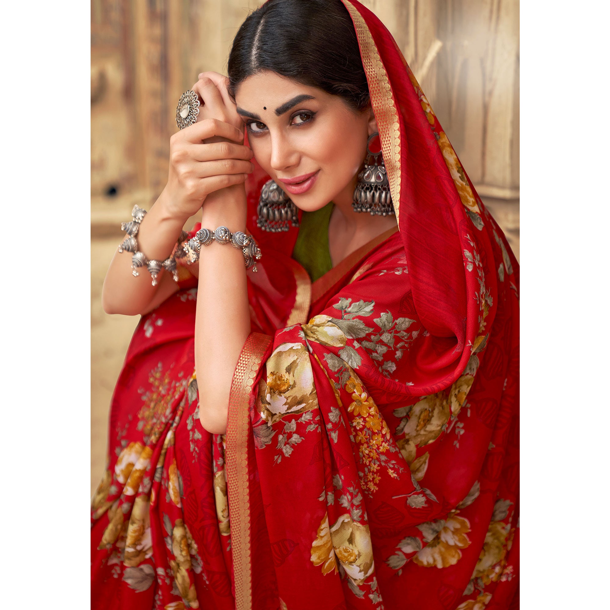 Red Floral Printed Chiffon Saree