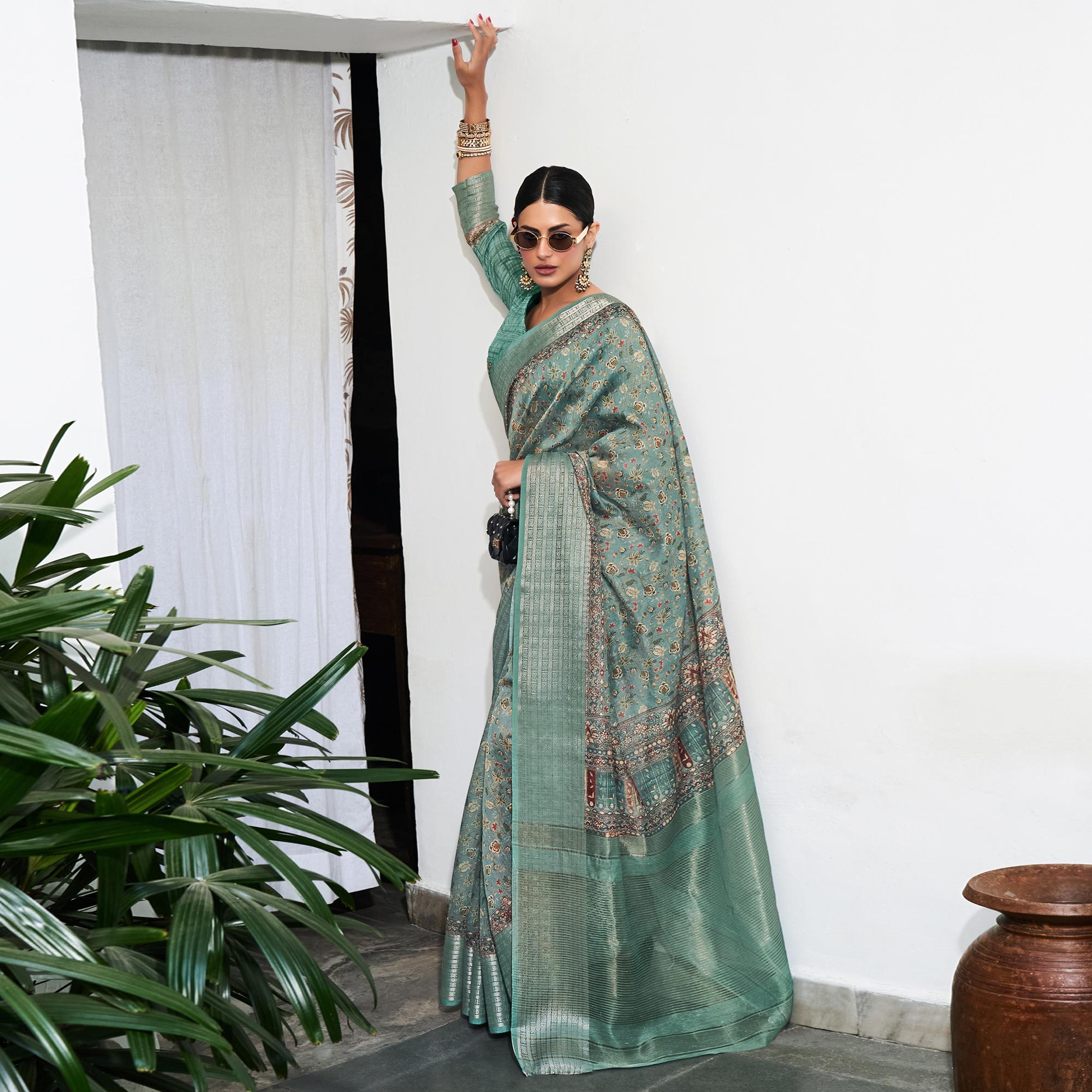 Sea Green Digital Printed Linen Saree