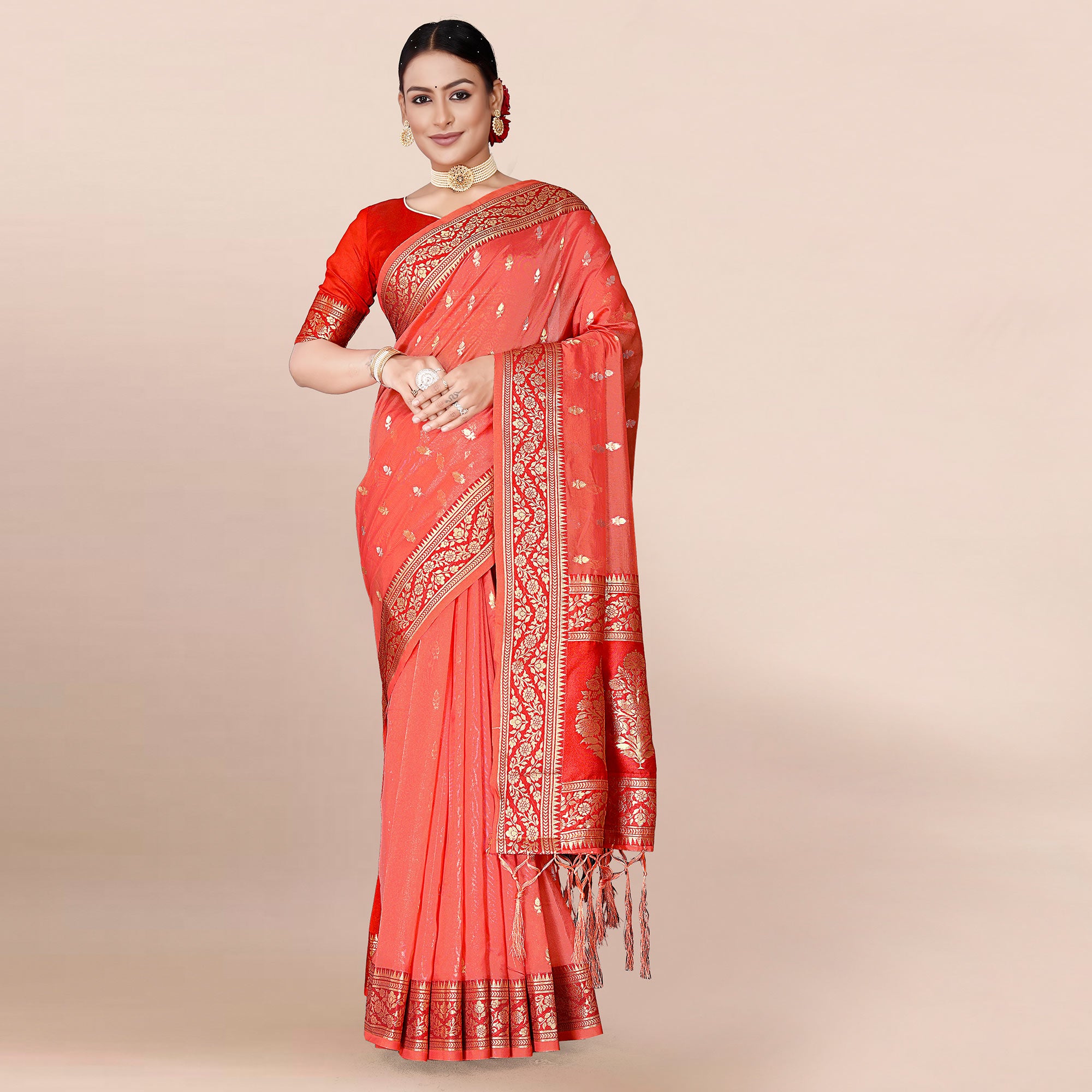 Pink Woven Organza Saree With Tassels