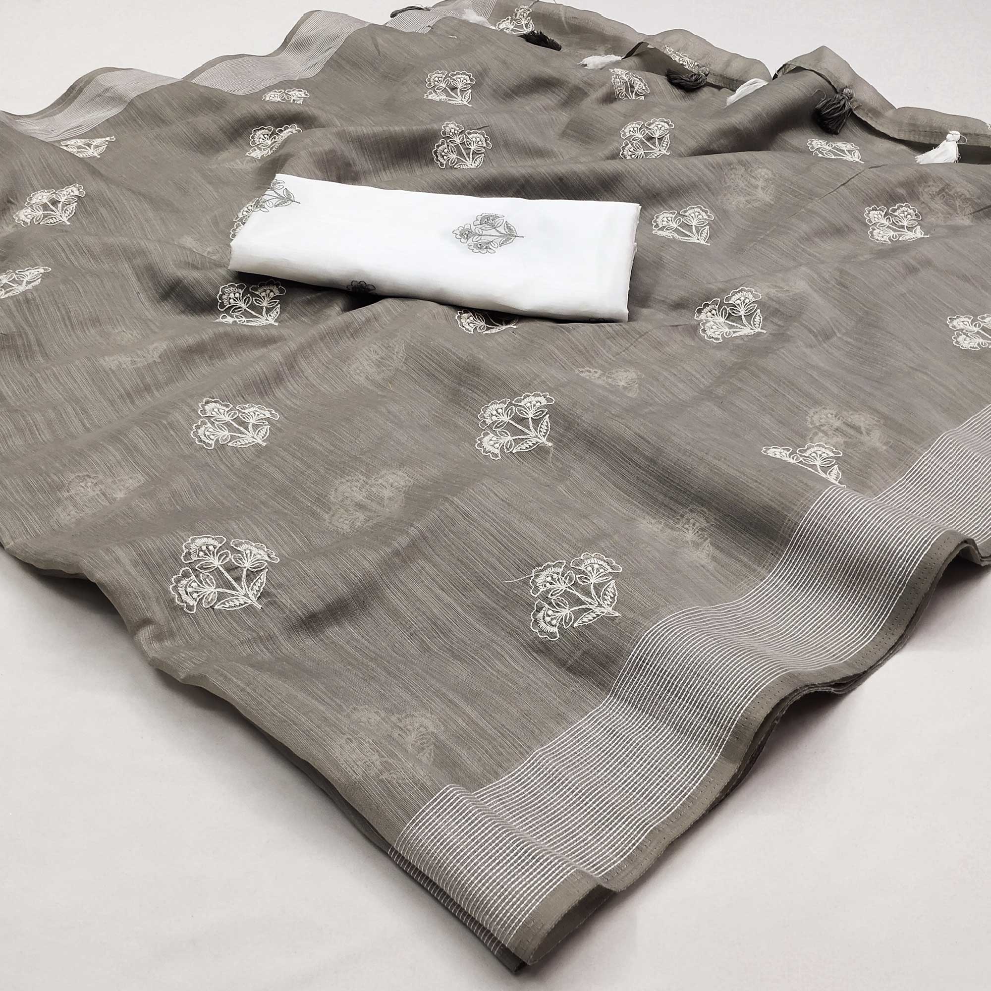 Grey Floral Embroidered Raw Silk Saree