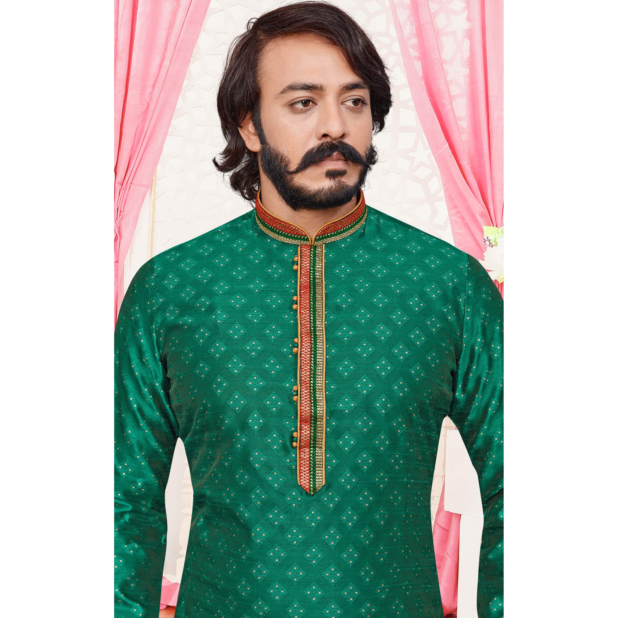 Green Woven Jacquard Kurta Pyjama Set