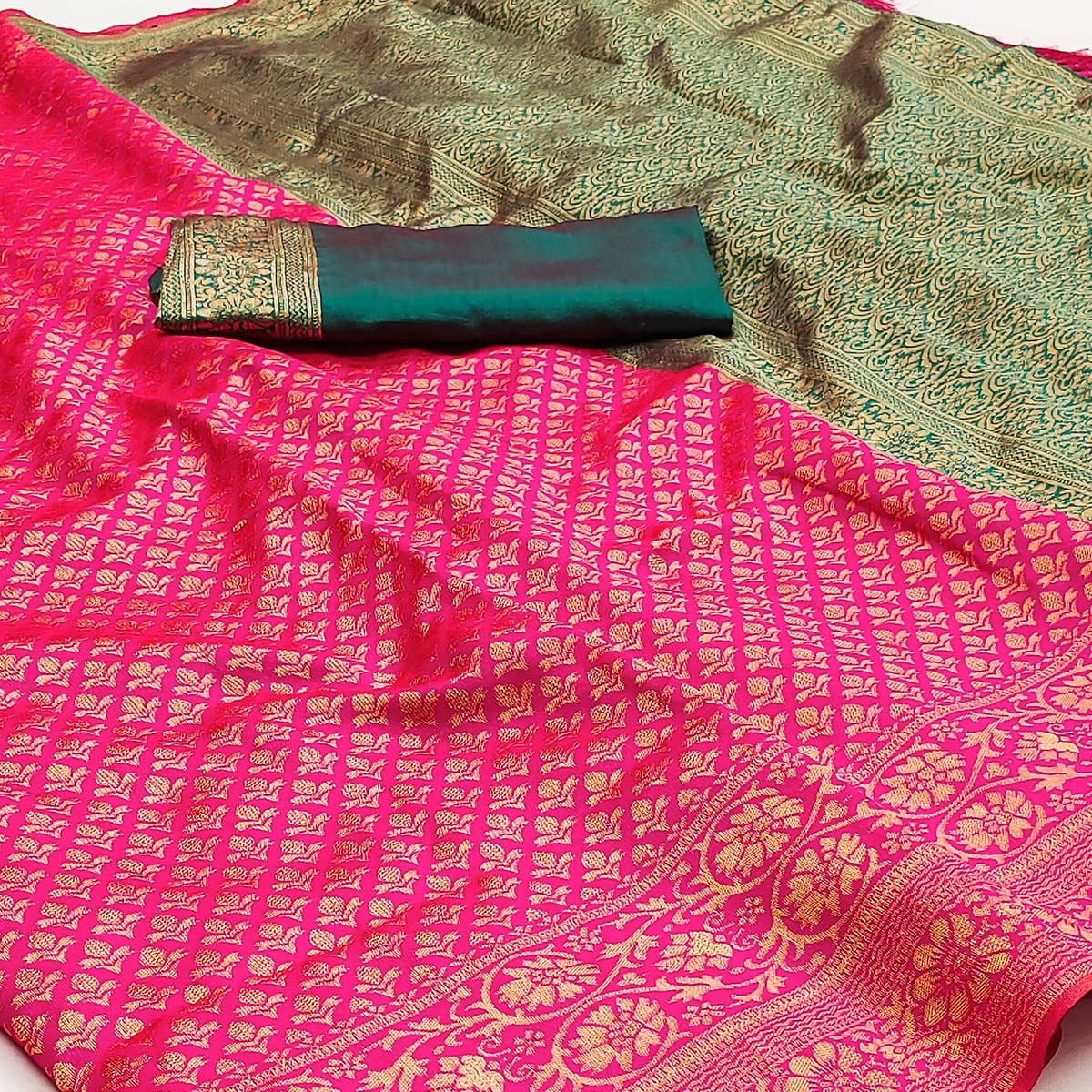 Magenta Pink Floral Woven Jacquard Saree