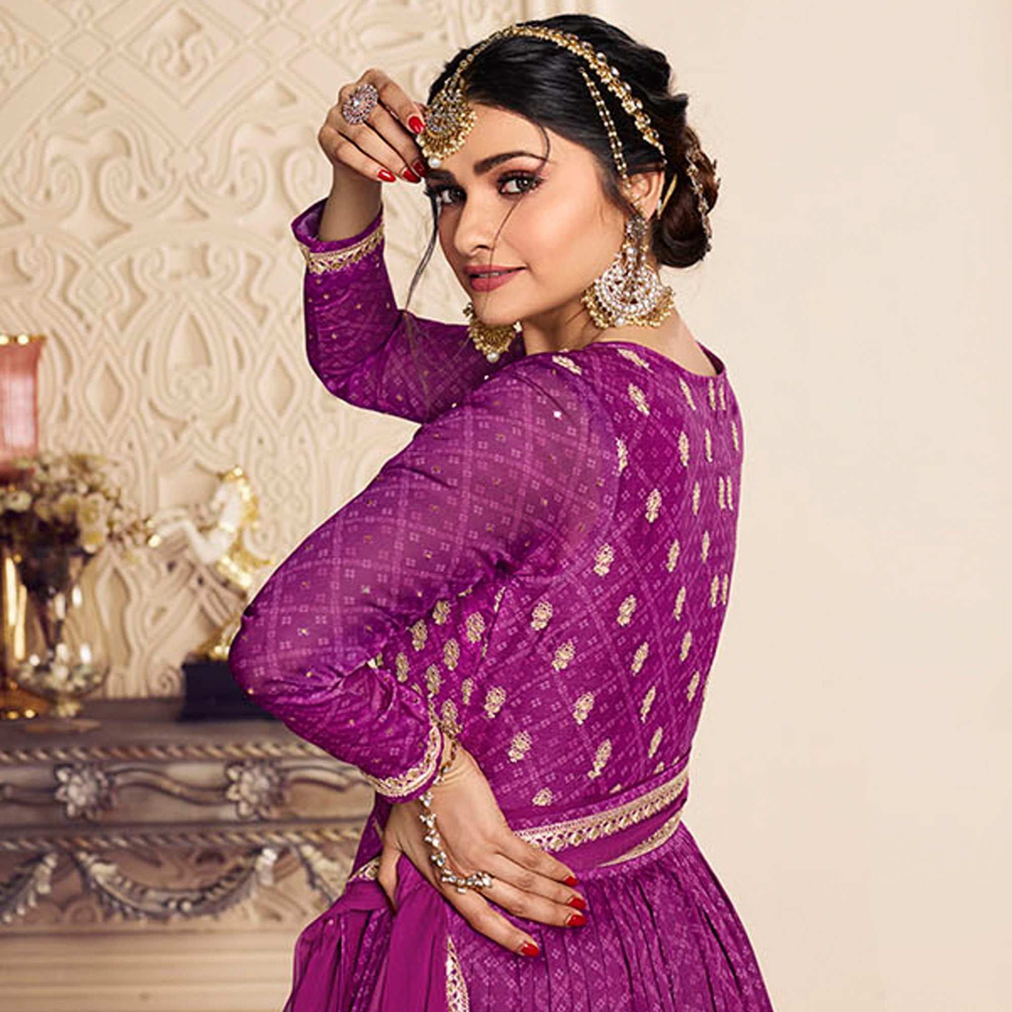 Purple Printed With Embroidered Chiffon Gown