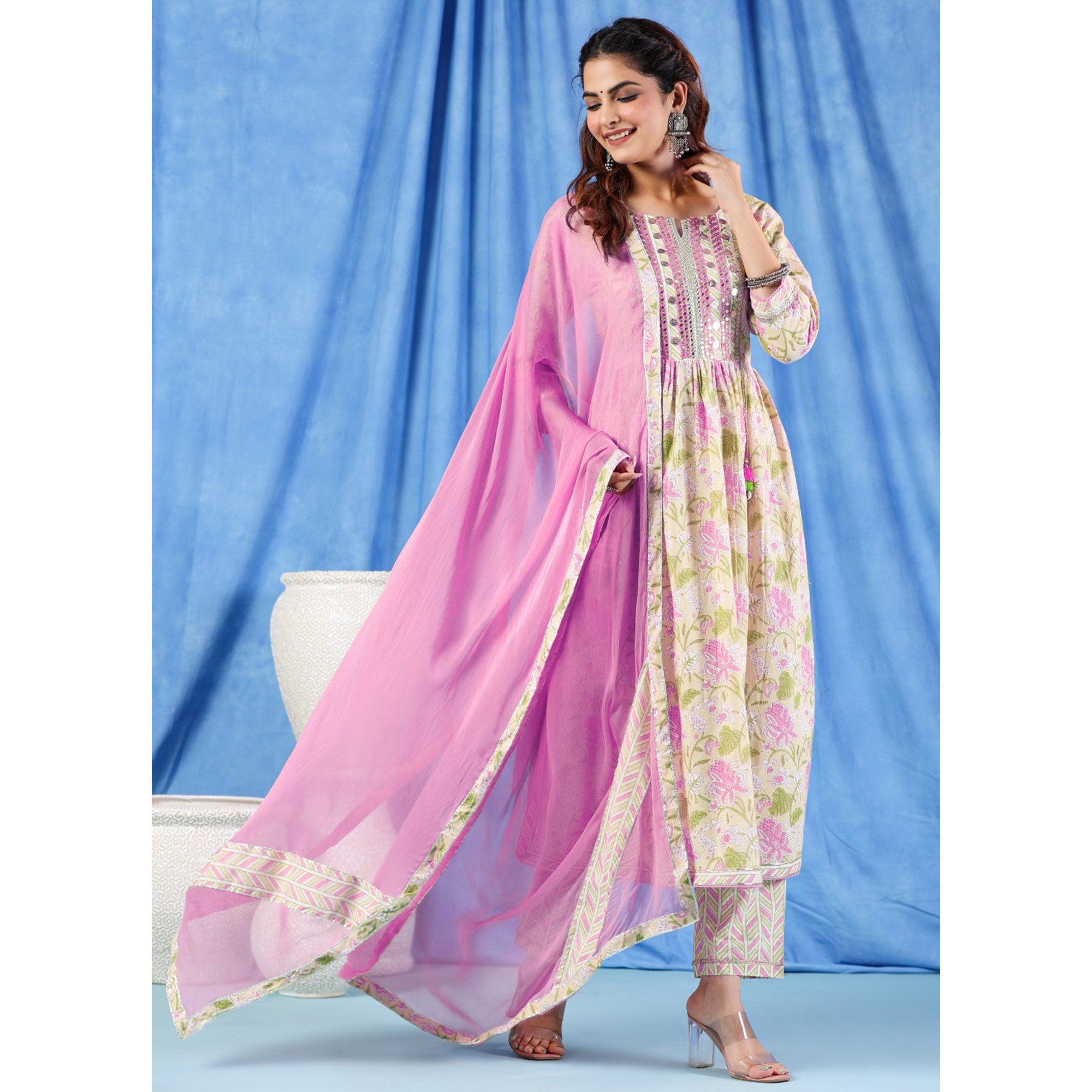 Yellow Pink Floral Printed Pure Cotton Naira Cut Suit