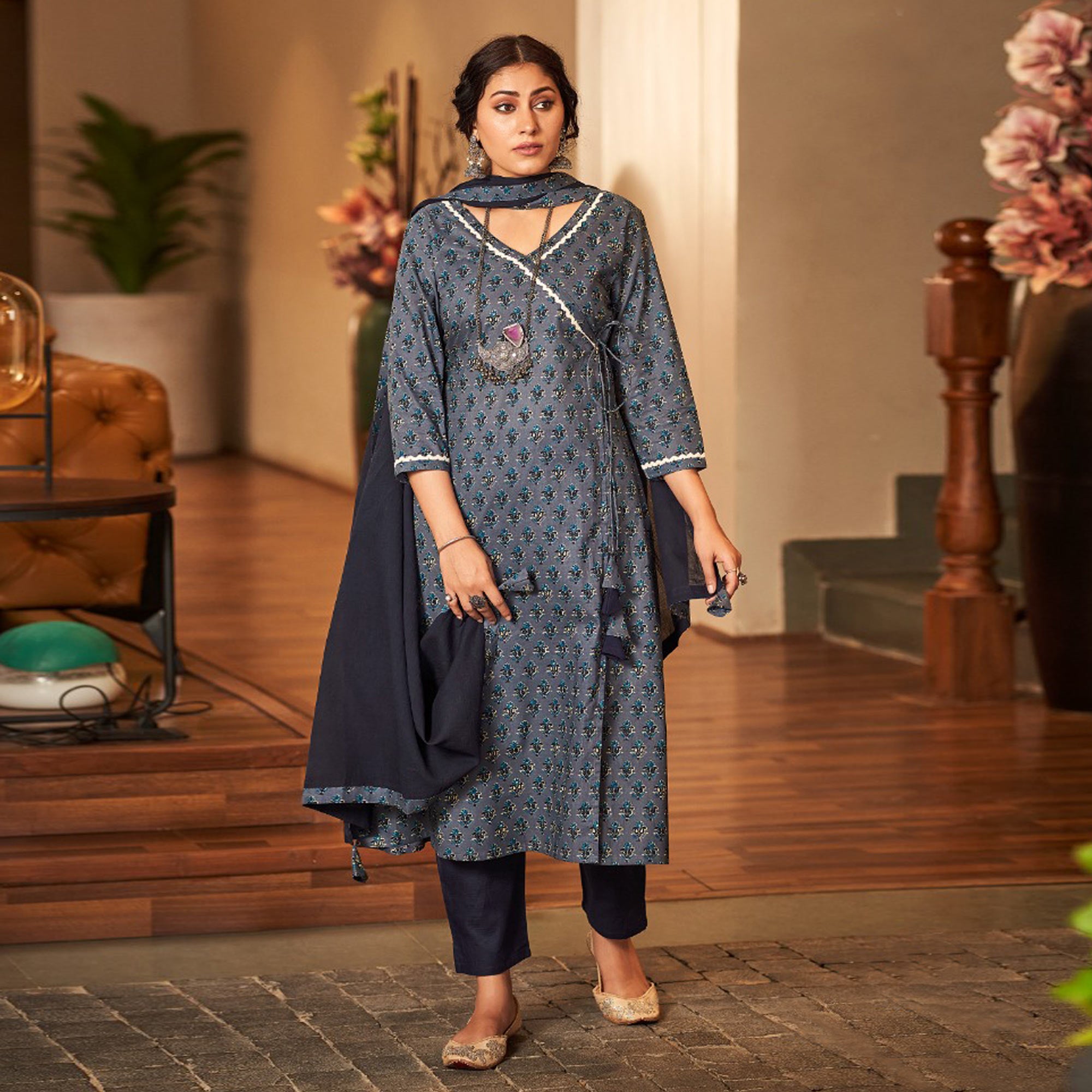 Grey Floral Printed Pure Cotton Angrakha Style Suit