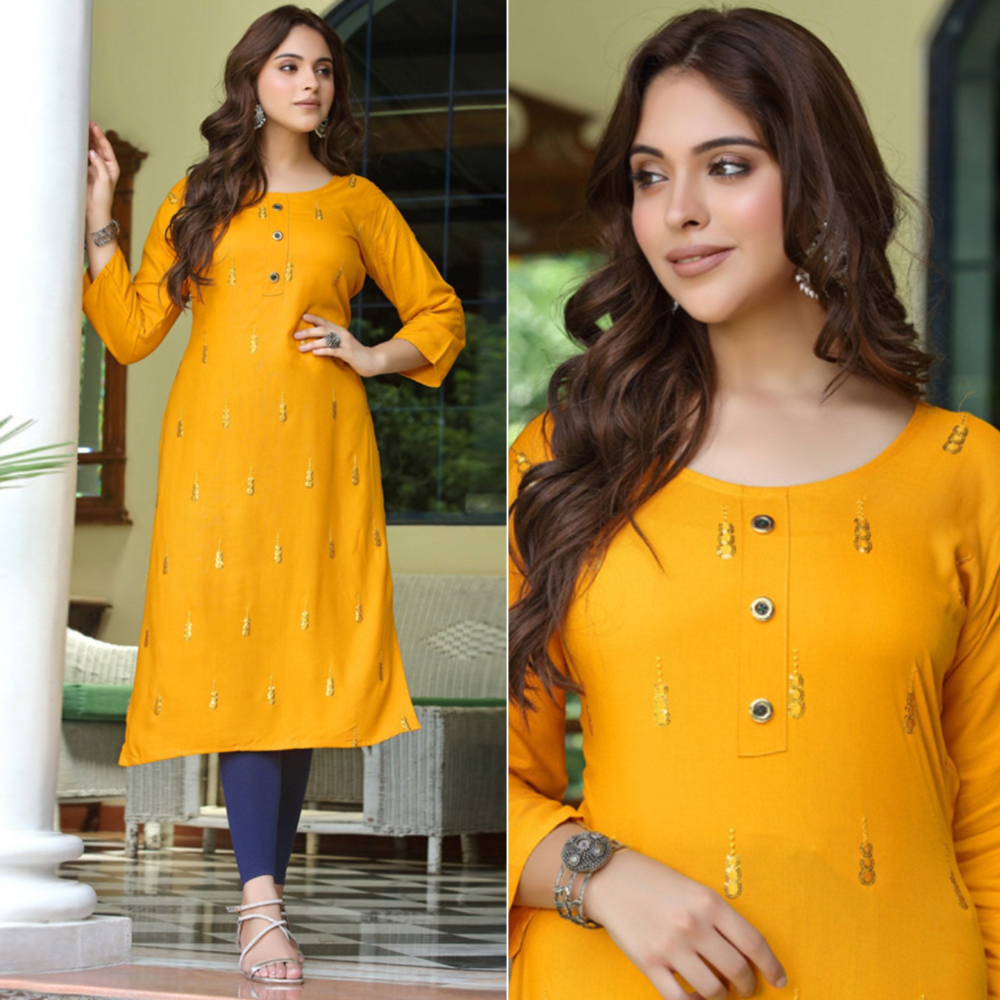 Yellow Embroidered Rayon Kurti