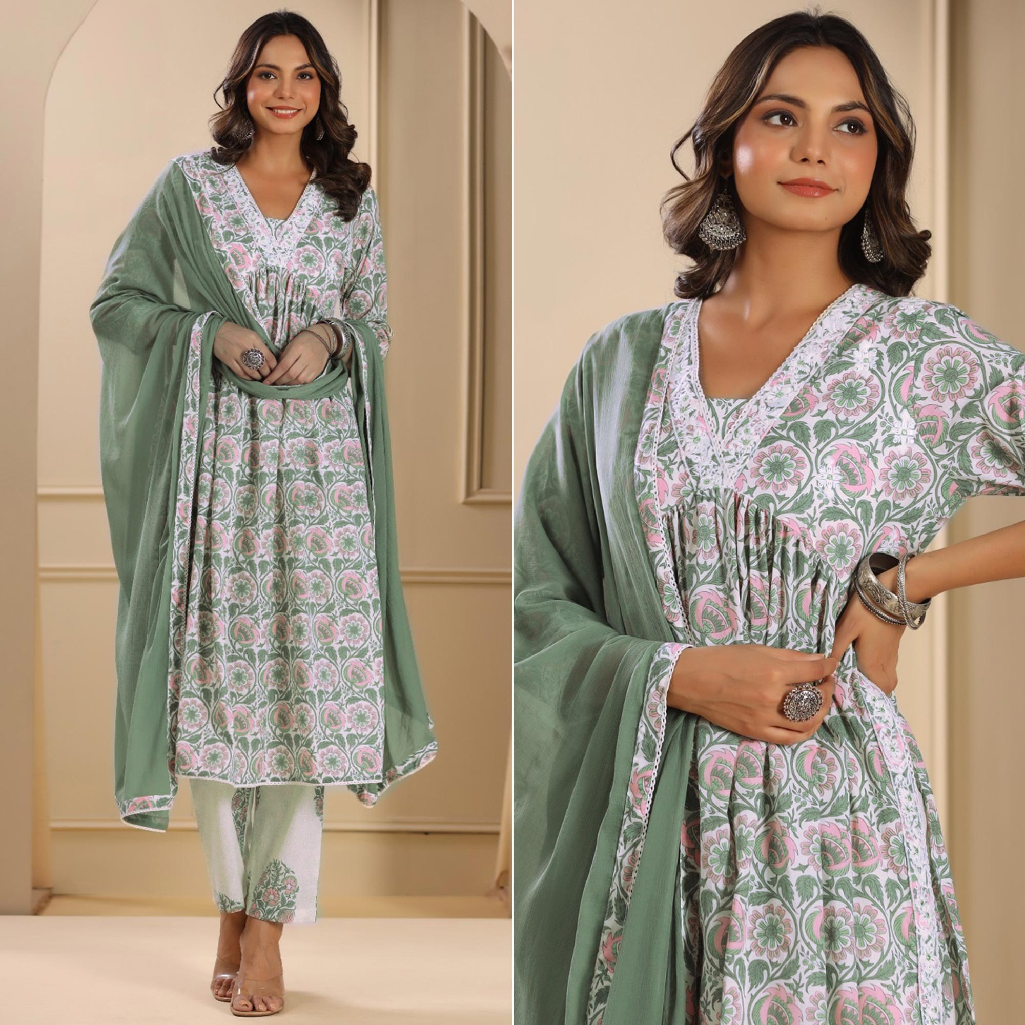 Green Floral Printed Pure Cotton Naira Cut Suit