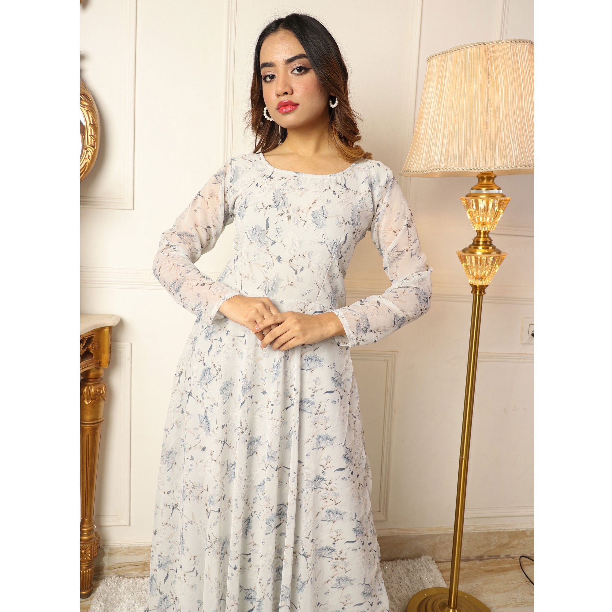 Light Grey Floral Printed Georgette Gown