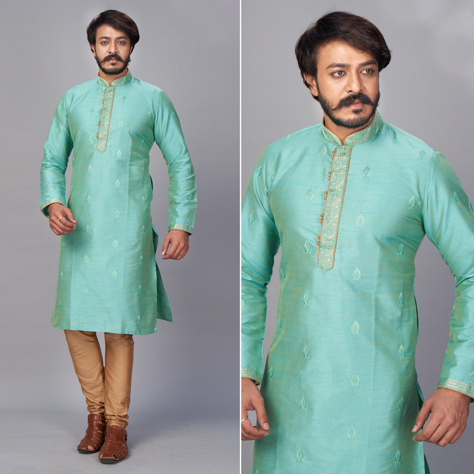 Green Embroidered Jacquard Kurta Pyjama Set