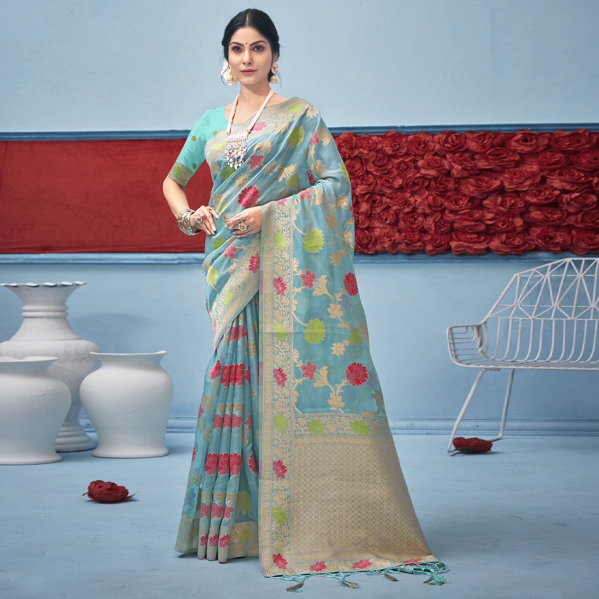Sky Blue Woven Organza Saree With Tassels