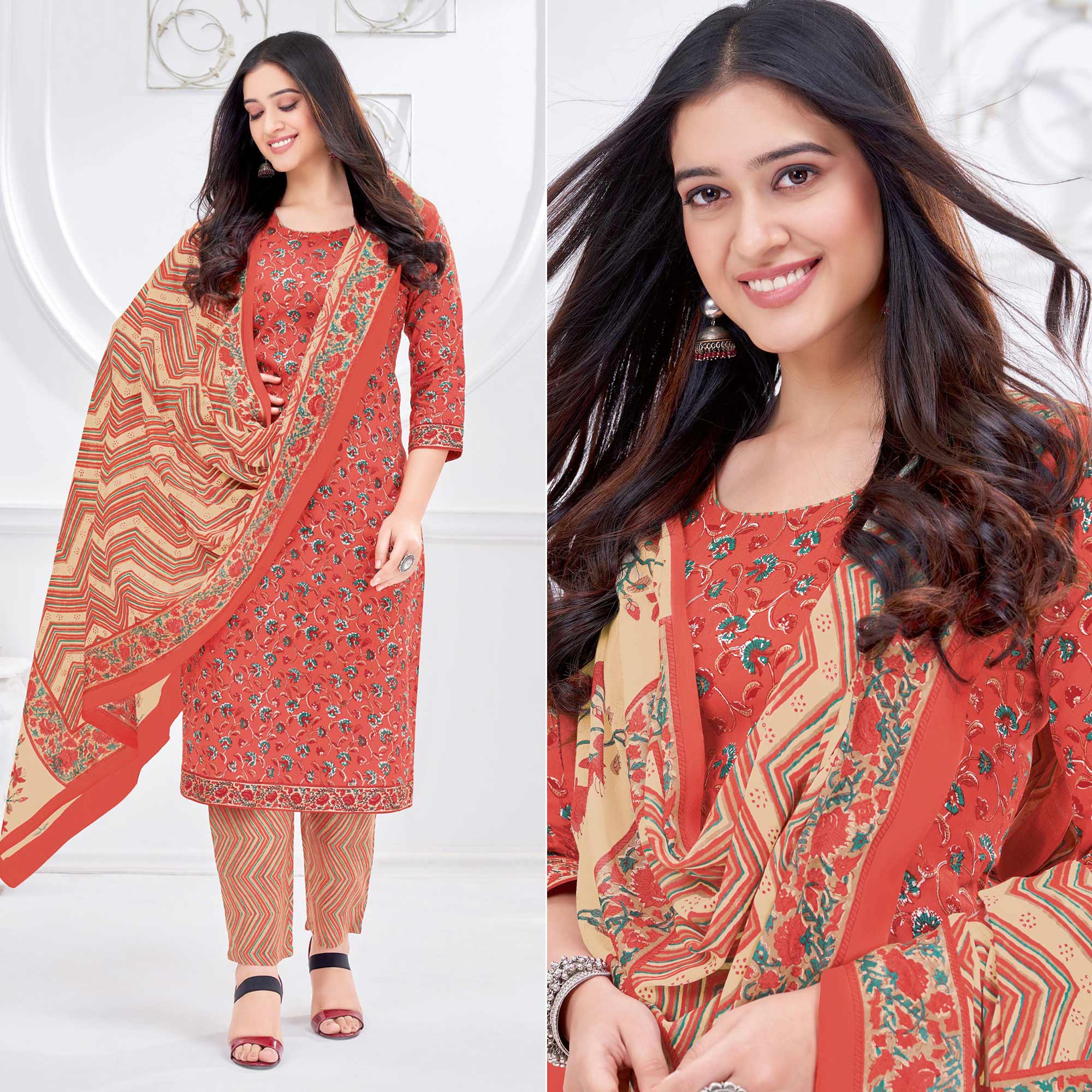 Orange Printed Pure Cotton Suit