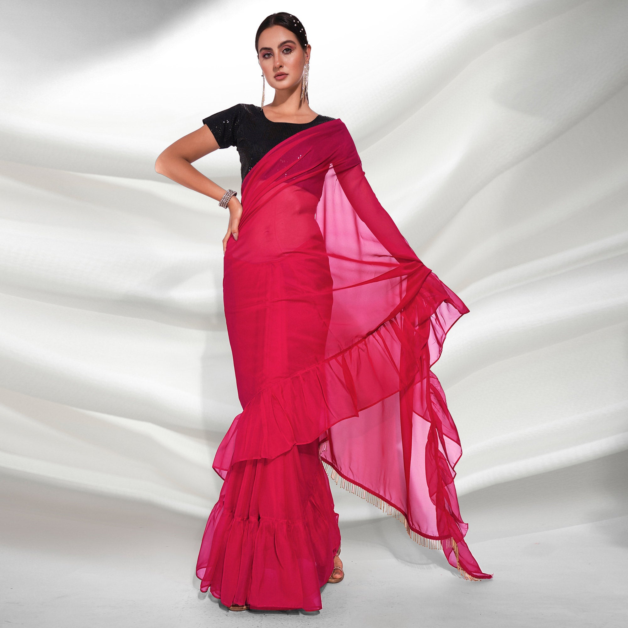 Pink Solid Organza Frill Saree