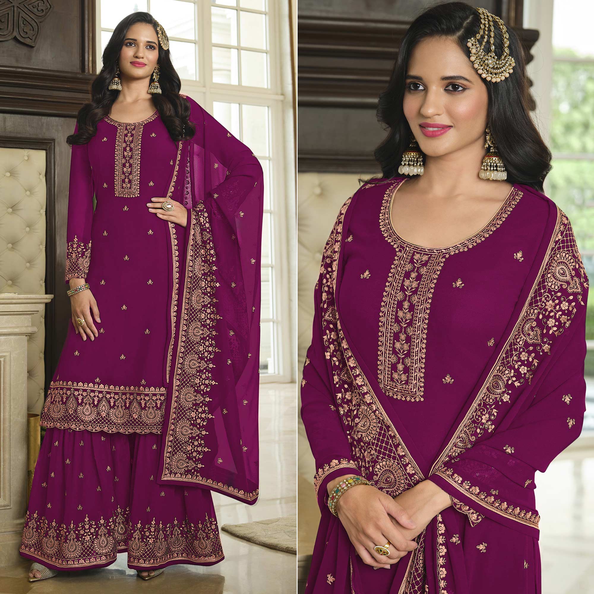 Purple Floral Embroidered Georgette Sharara Suit