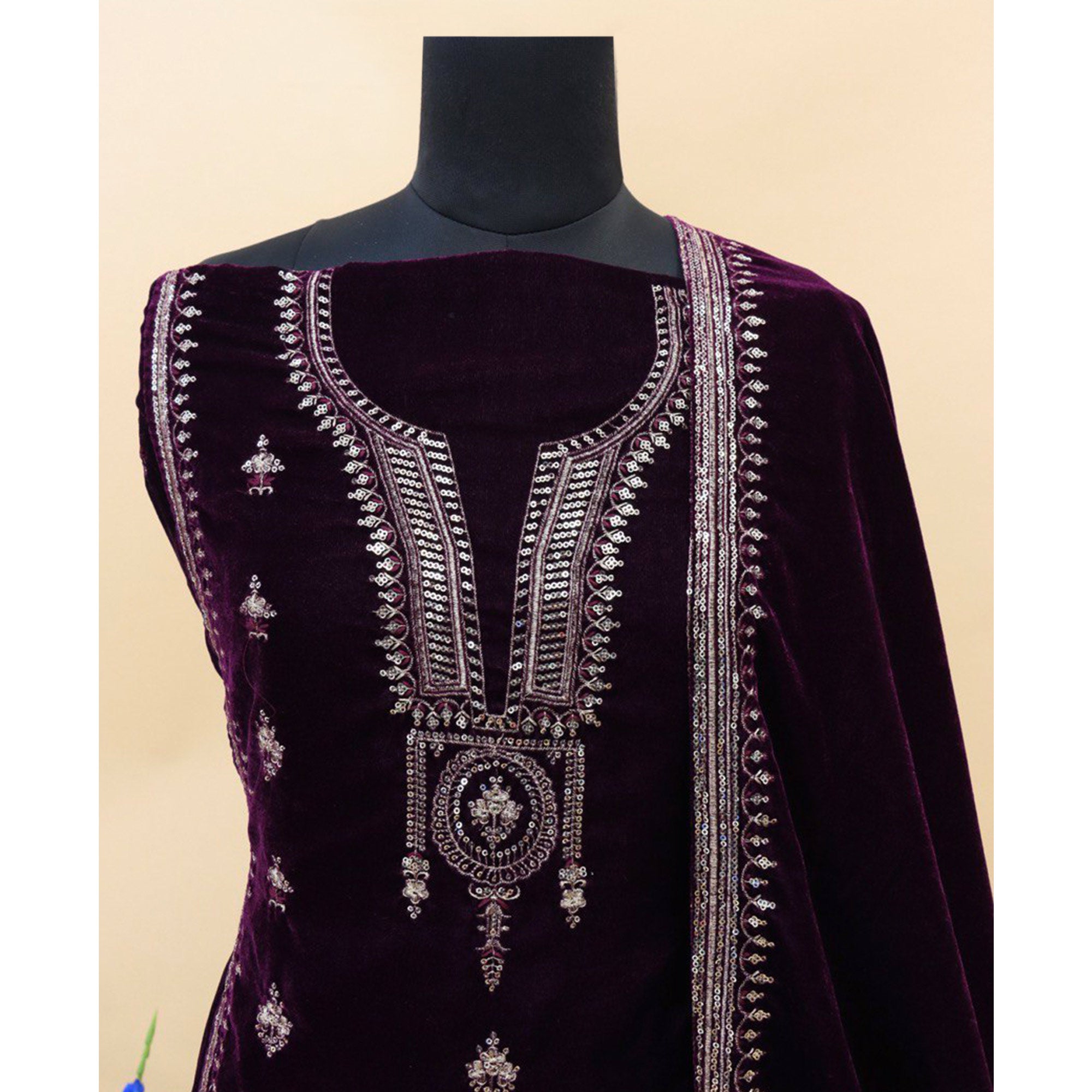 Purple Embroidered Velvet Pakistani Suit