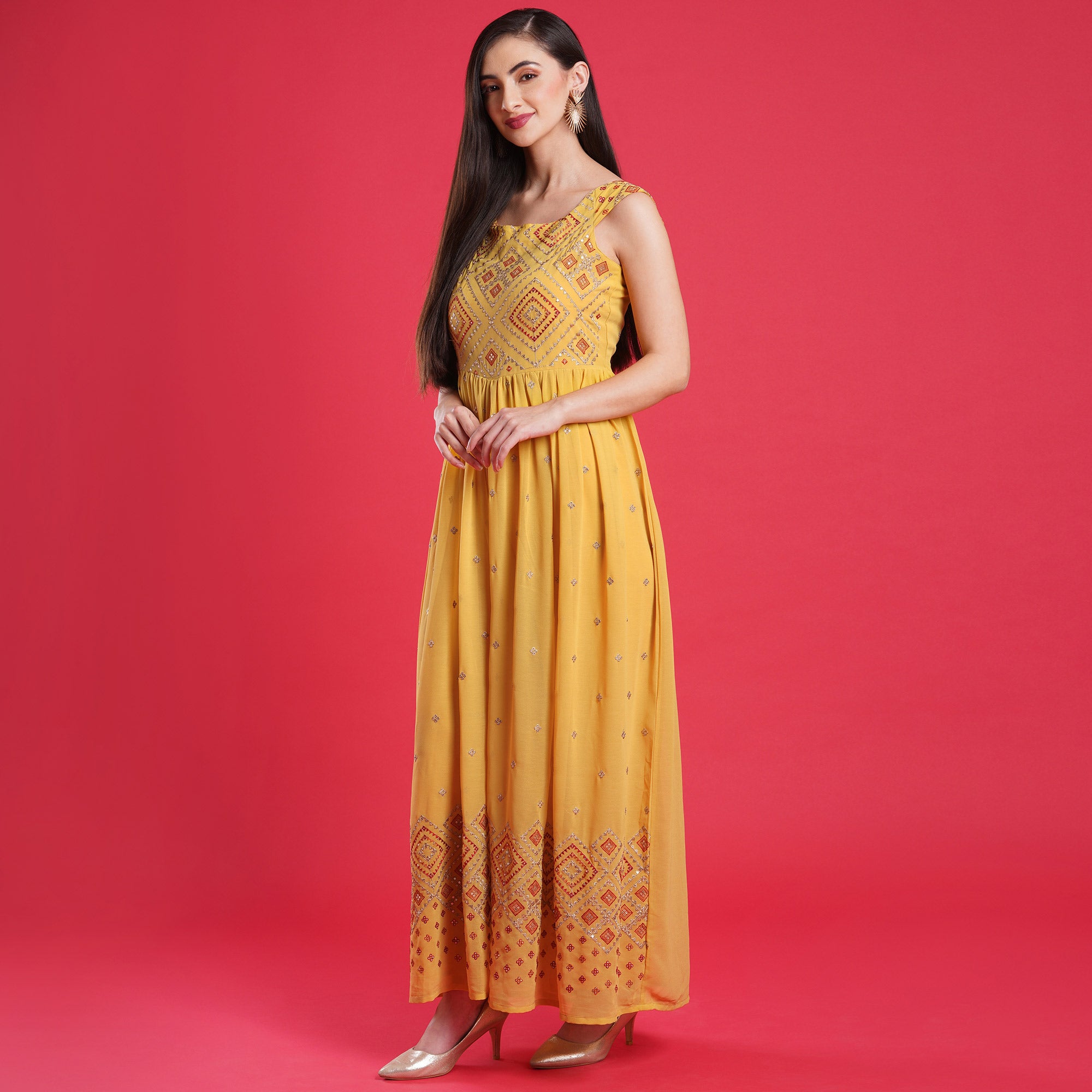 Yellow Sequins Embroidered Georgette Jumpsuit