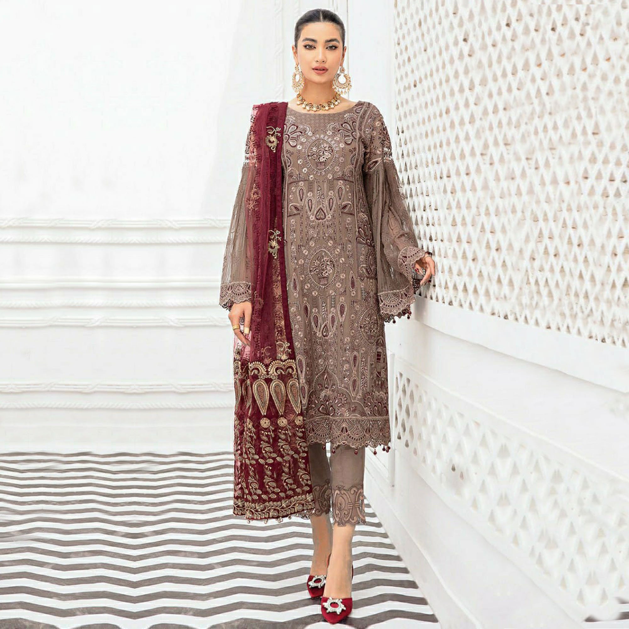 Brown Floral Embroidered Georgette Pakistani Suit