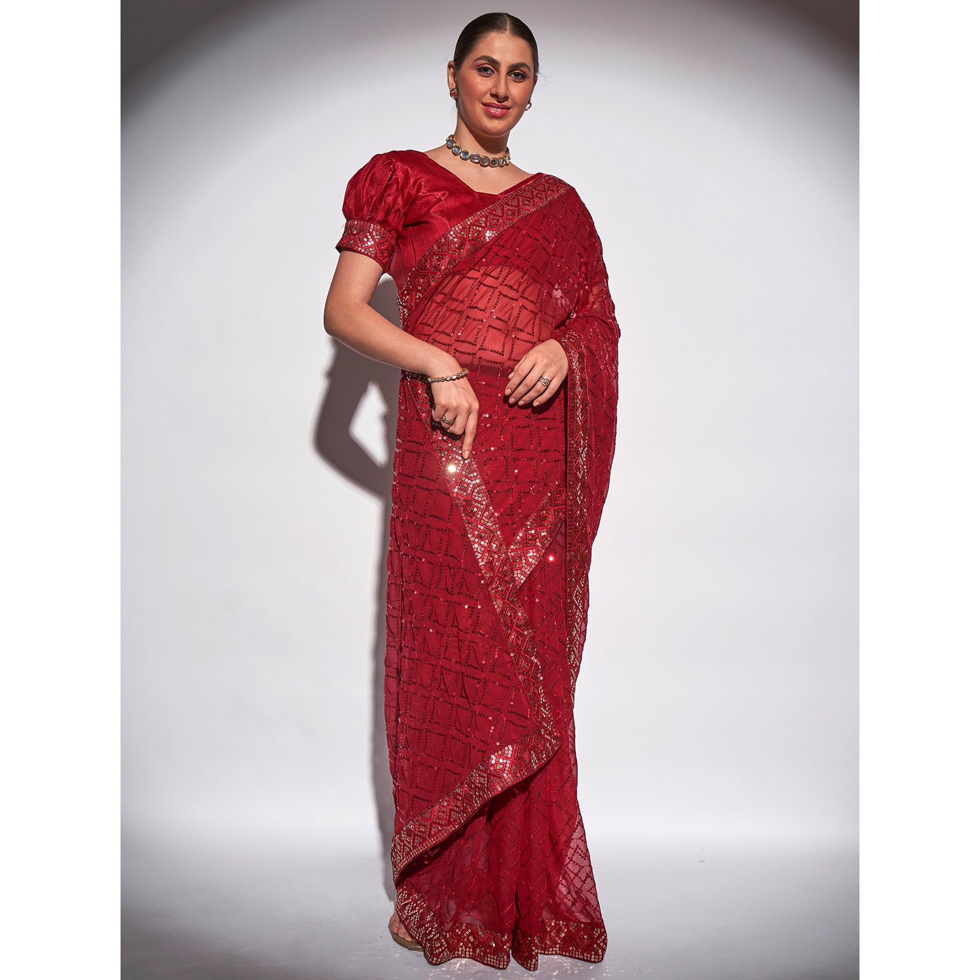 Red Sequins Embroidered Georgette Saree