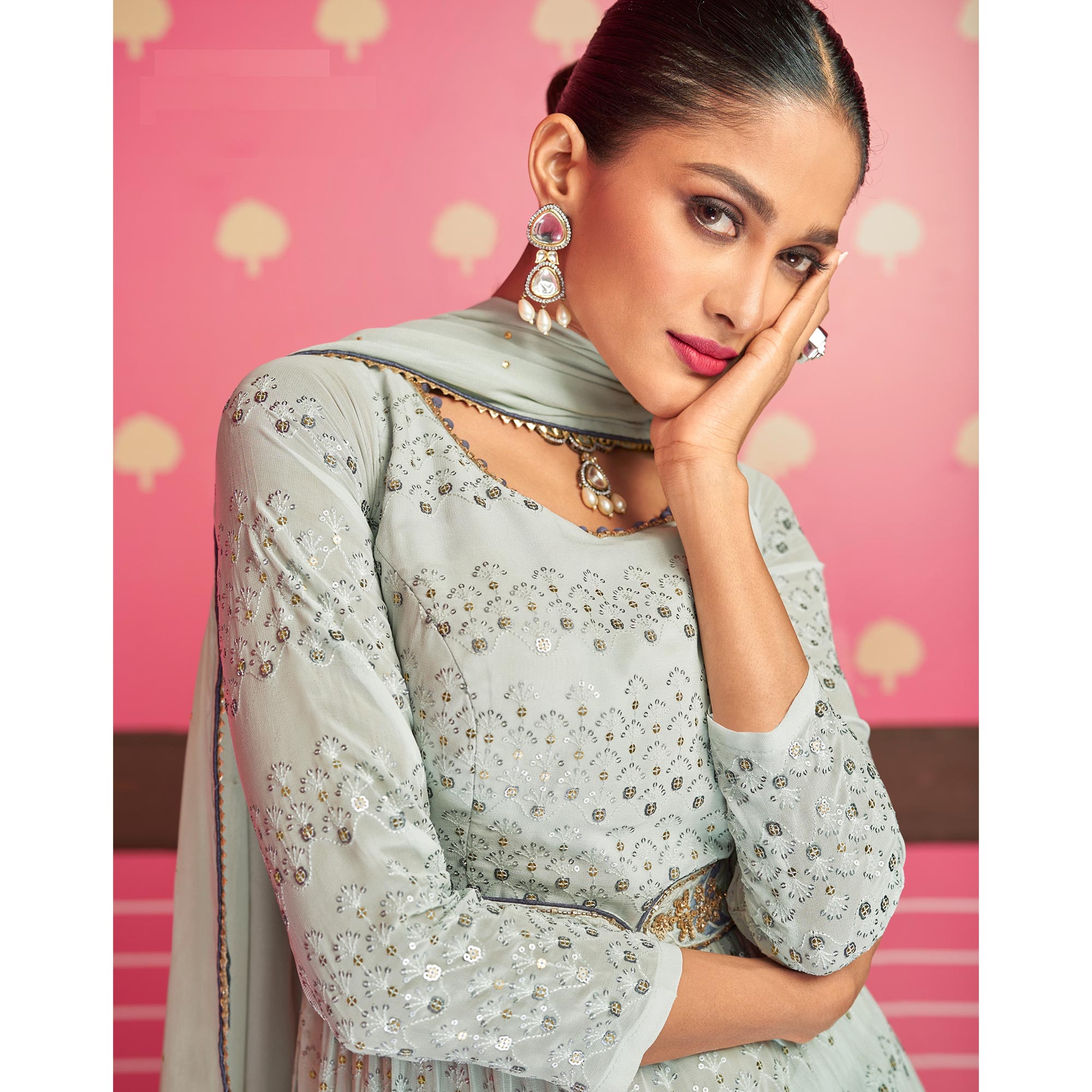 Grey Sequins Embroidered Georgette Naira Cut Sharara Suit