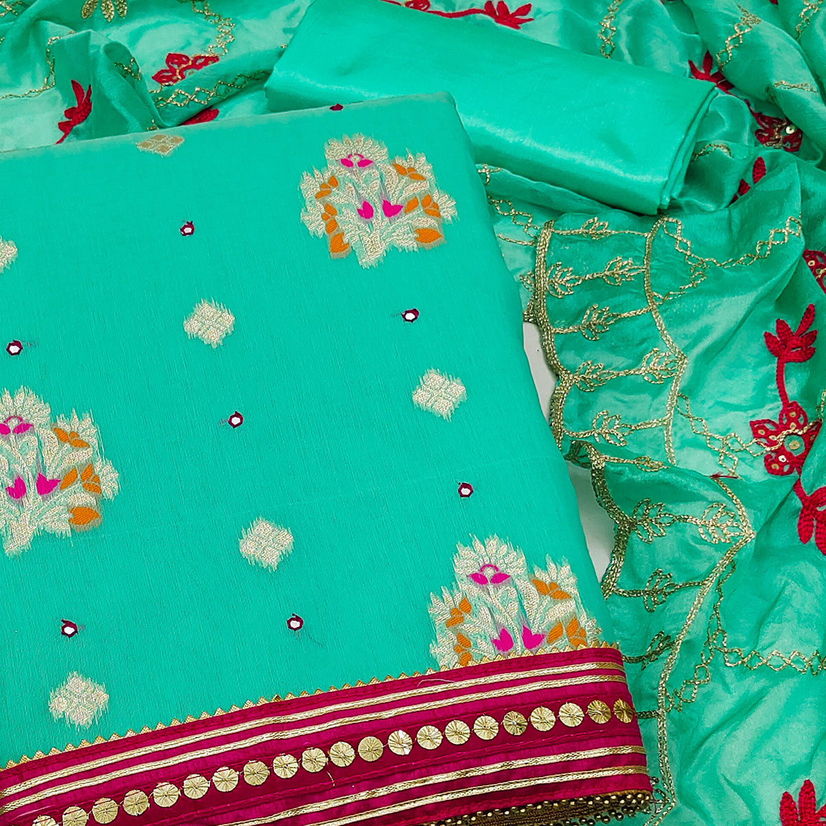 Turquoise Floral Woven Banarasi Silk Dress Material