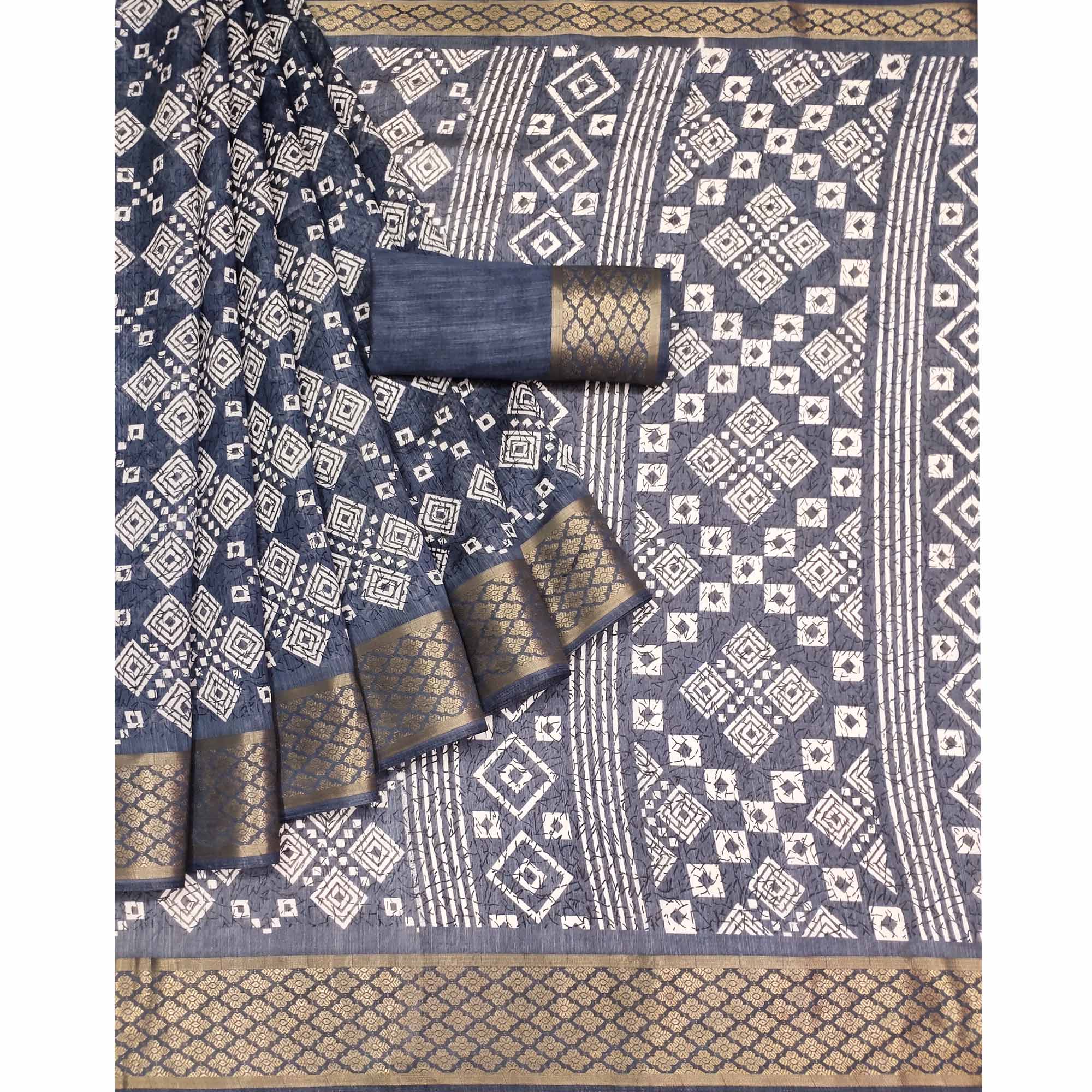 Grey Printed Cotton Silk Saree