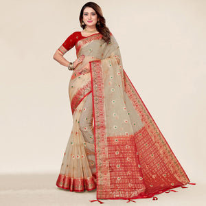 Beige Woven Organza Saree With Tassels