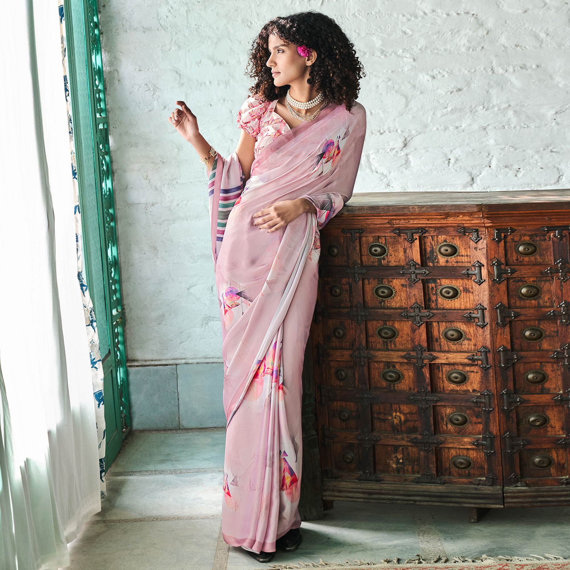 Light Pink Digital Printed Satin Saree