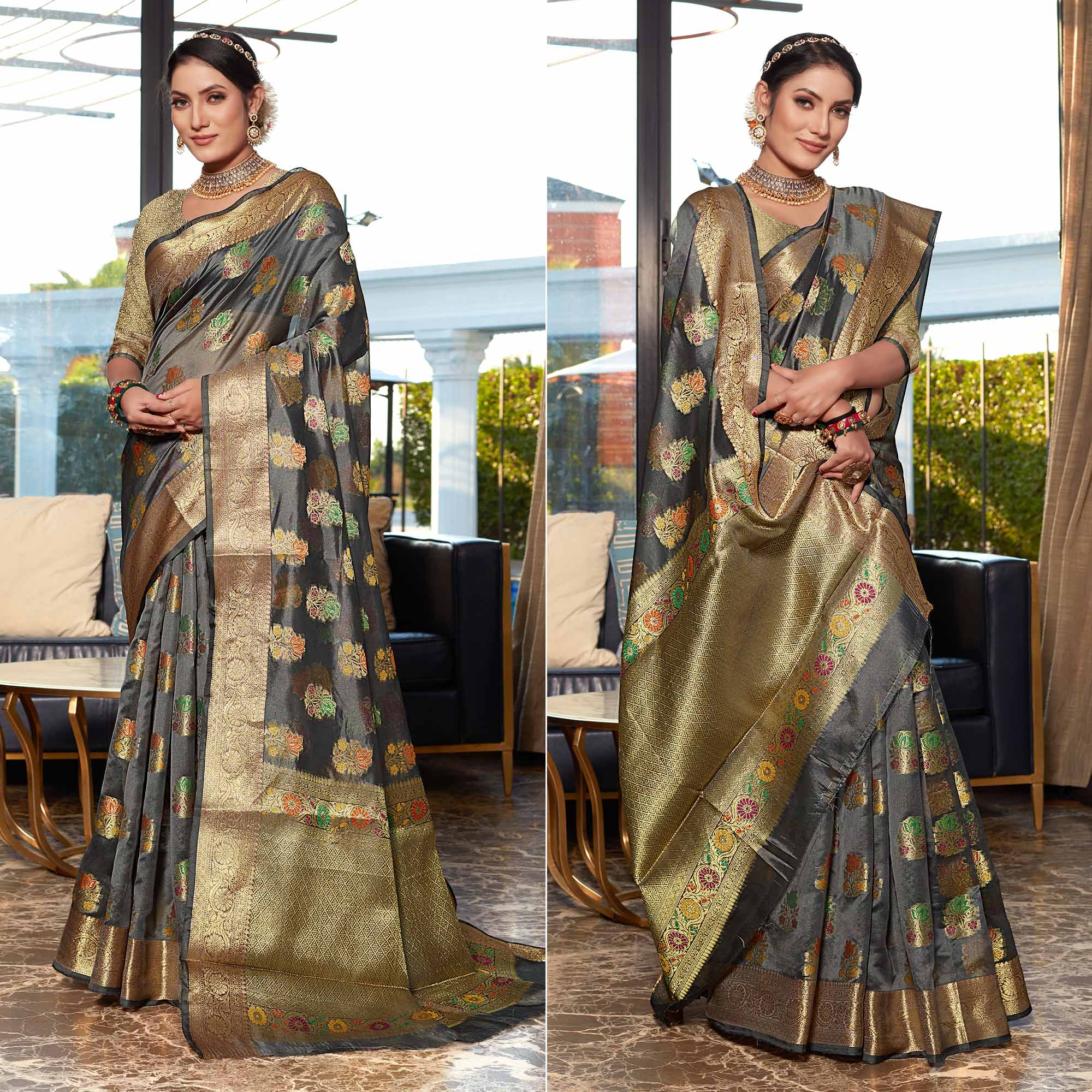 Grey Floral Woven Organza Saree
