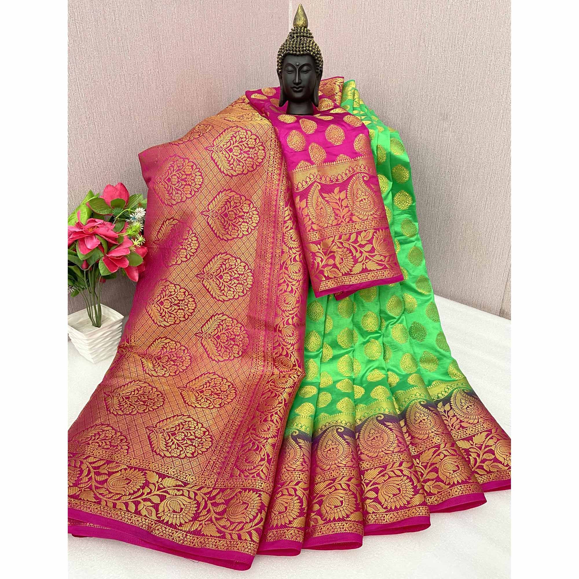 Parrot Green Woven Banarasi Silk Saree