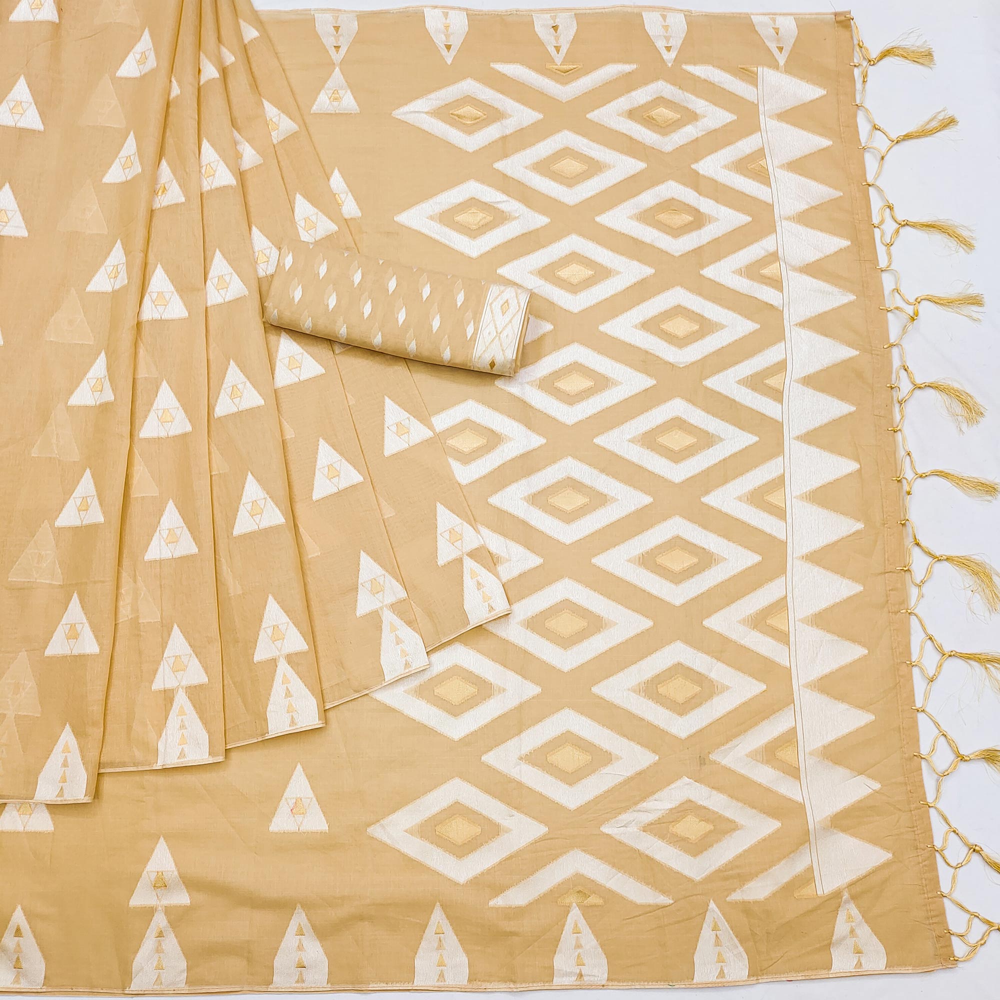 Chikoo Woven Cotton Saree With Tassels