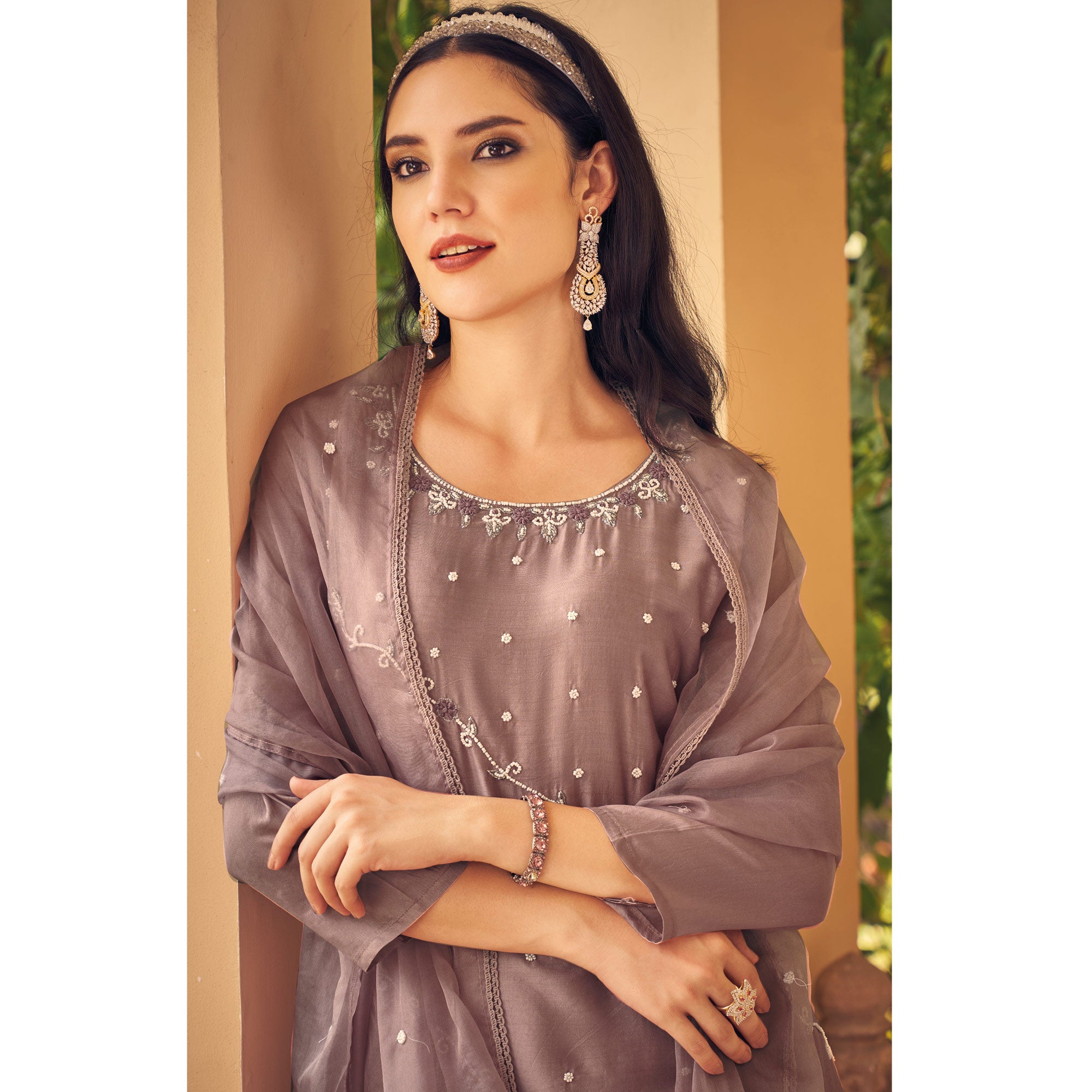 Mauve Embellished Viscose Salwar Suit