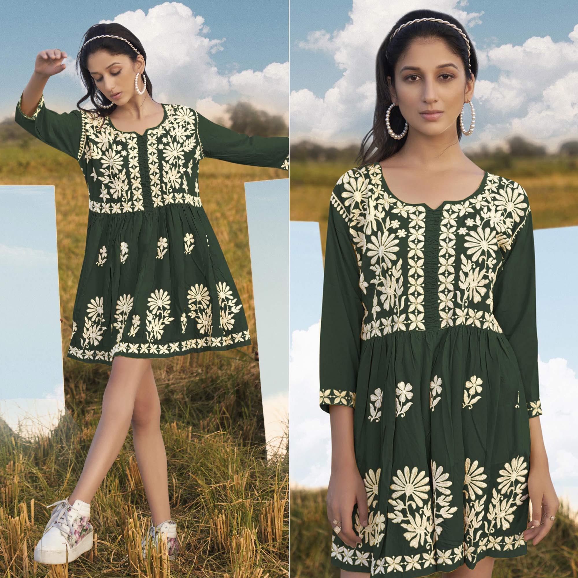 Green Lucknowi Embroidered Rayon Tunic