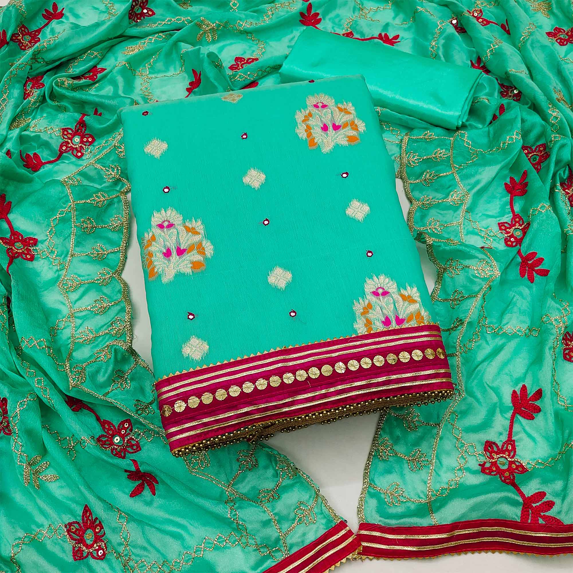 Turquoise Floral Woven Banarasi Silk Dress Material