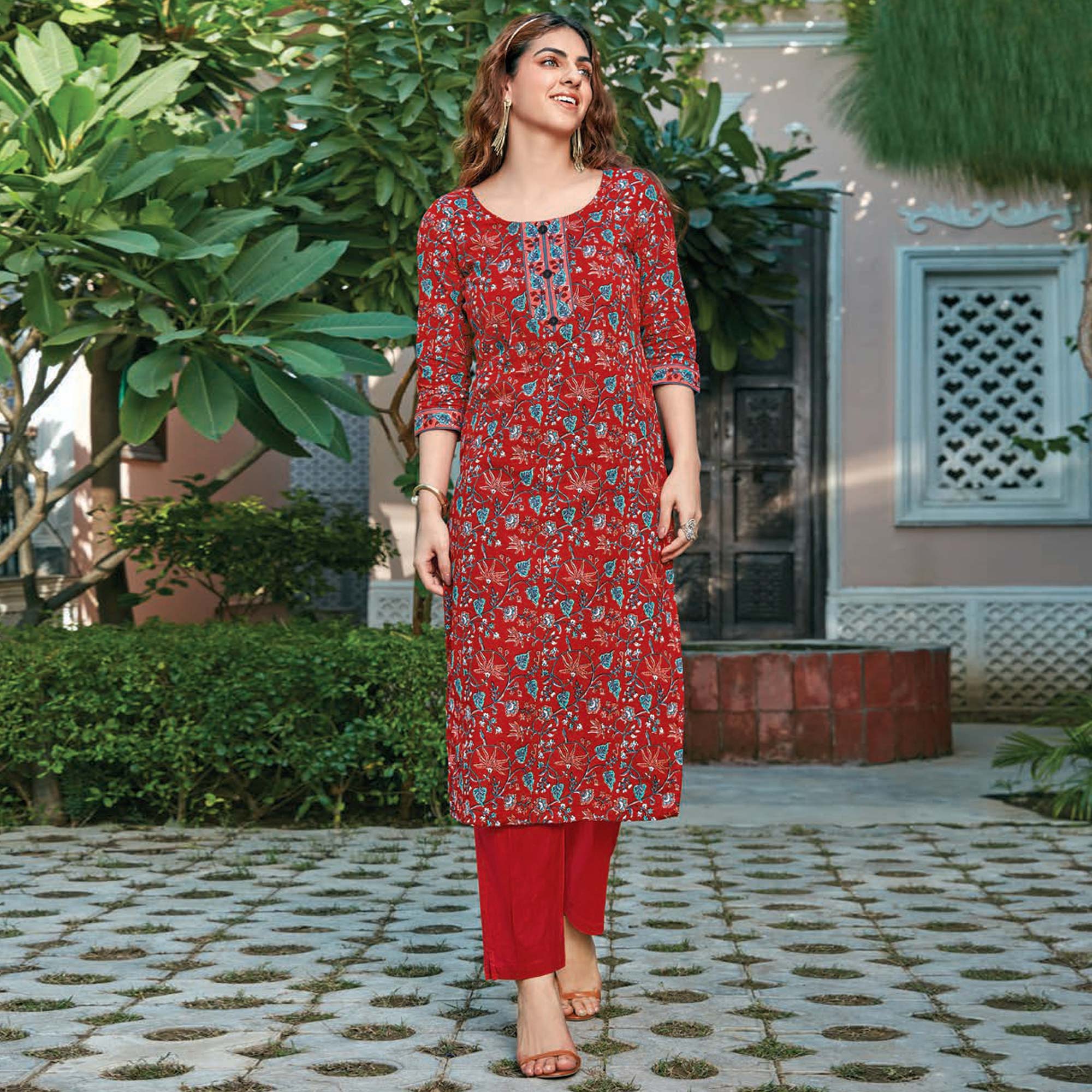 Red Floral Printed Cotton Blend Kurti