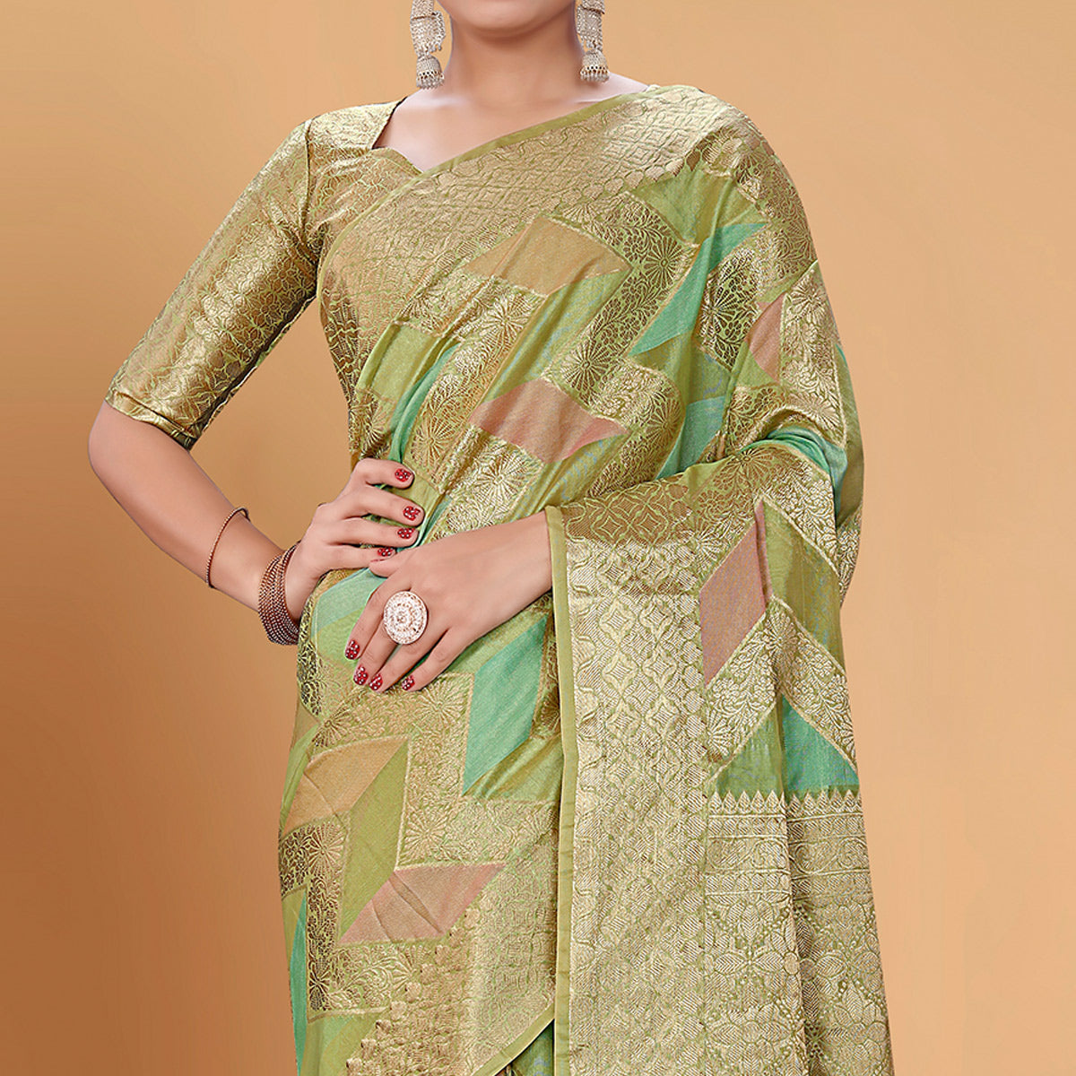 Green Woven Organza Saree With Tassels