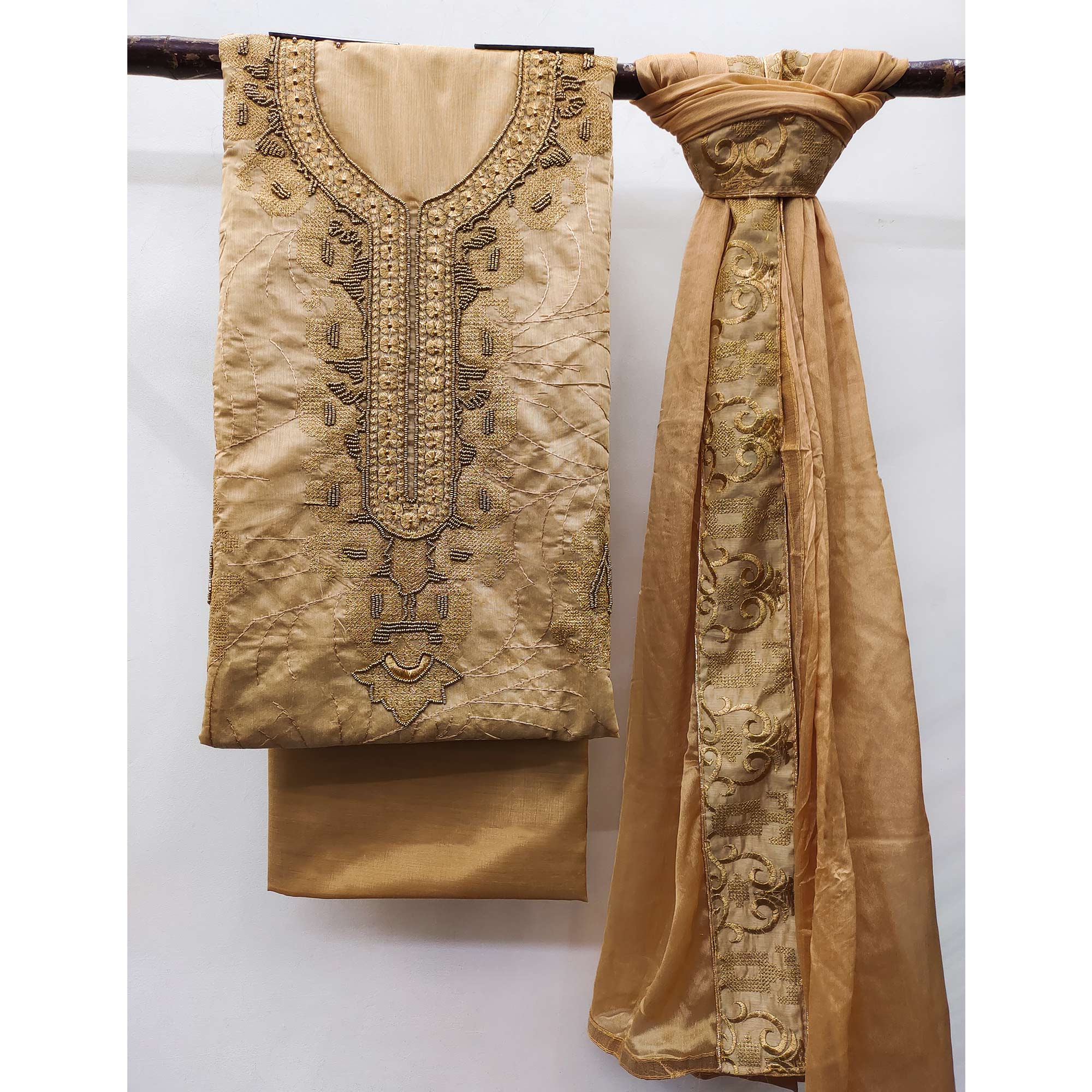 Light Brown Handwork Embroidered Modal Dress Material