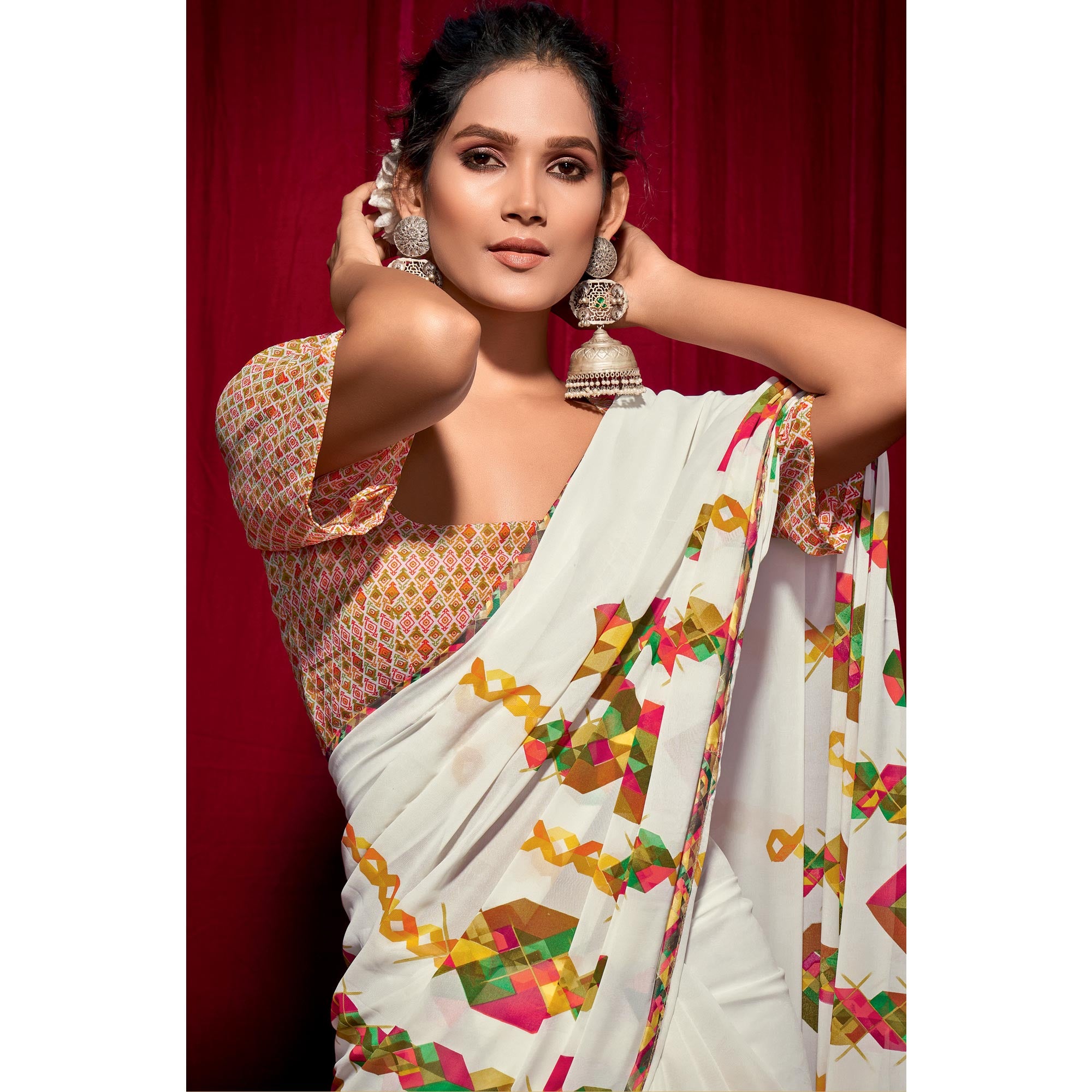 White Printed Georgette Saree