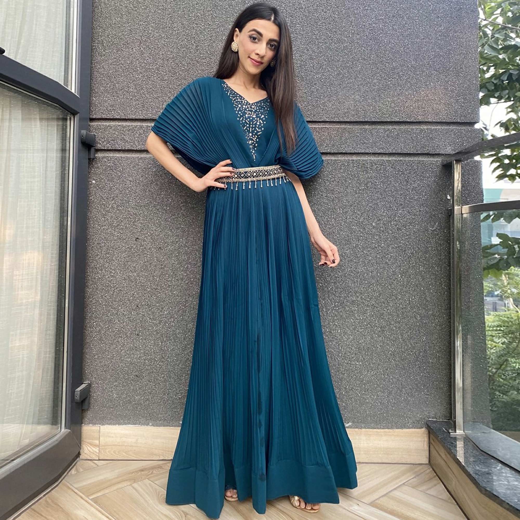 Blue Embellished Georgette Gown With Belt