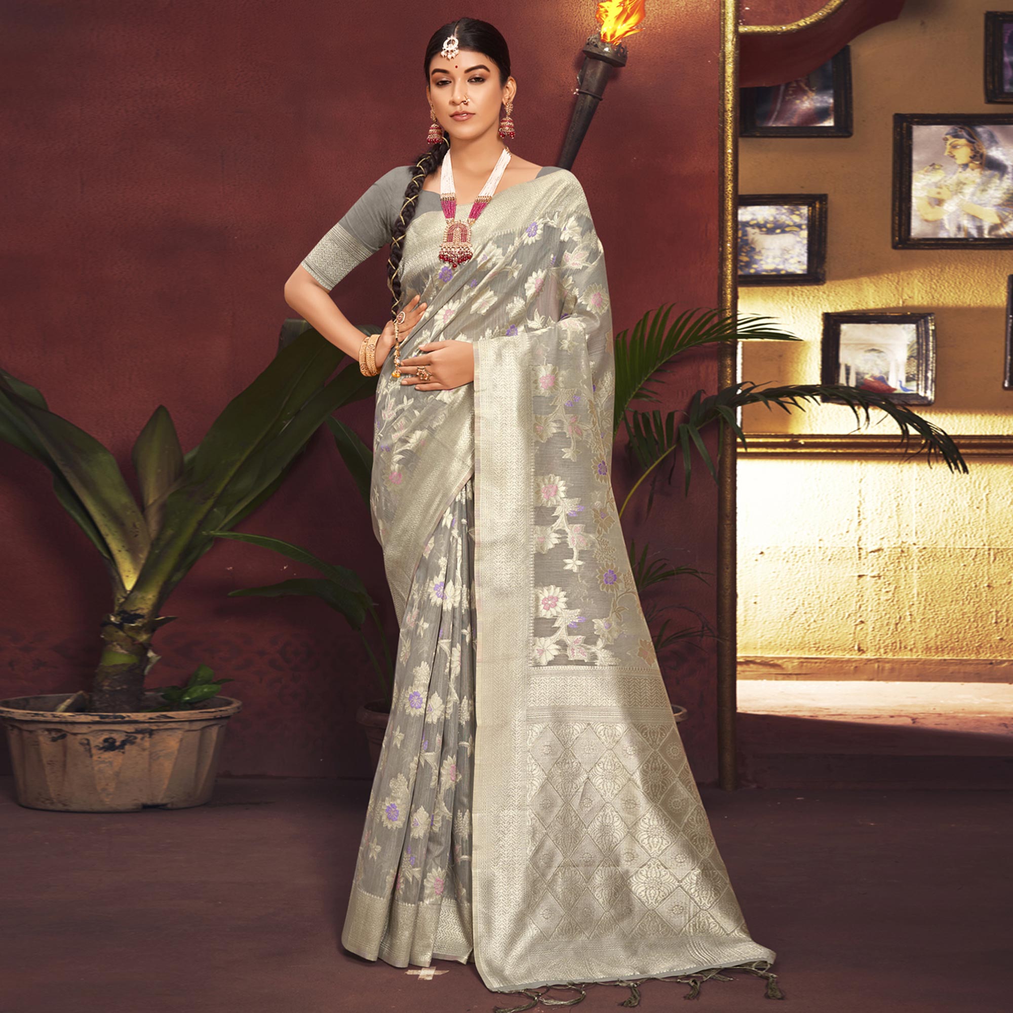 Grey Floral Woven Art Silk Saree
