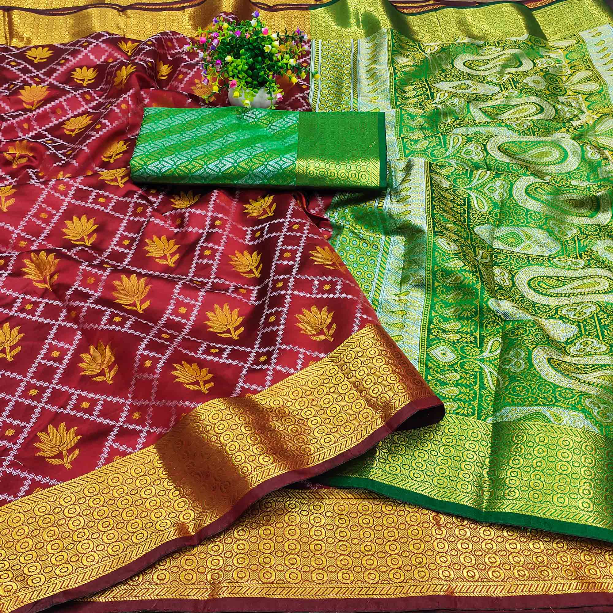 Maroon Floral Woven Banarasi Silk Saree