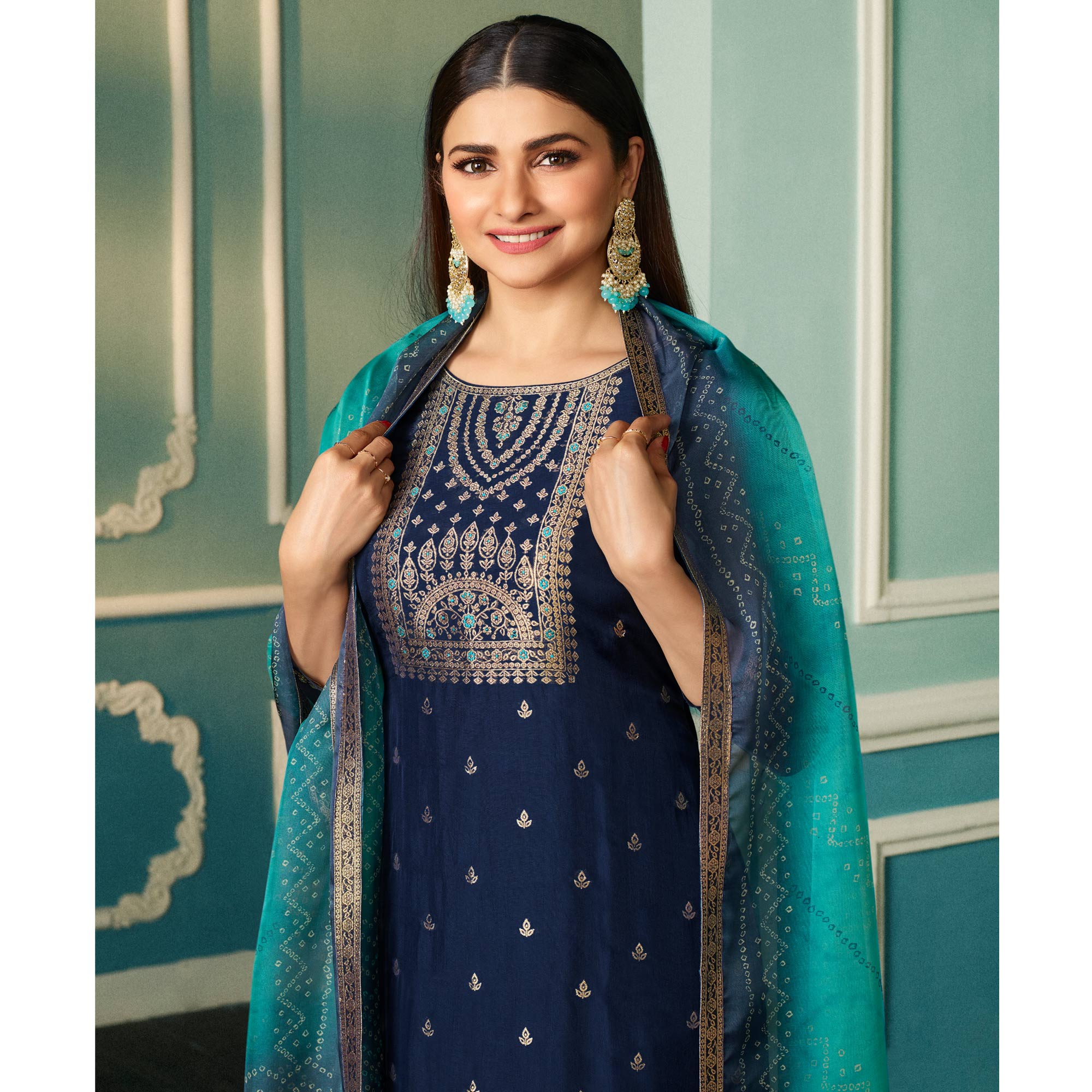 Blue Floral Woven Organza Salwar Suit