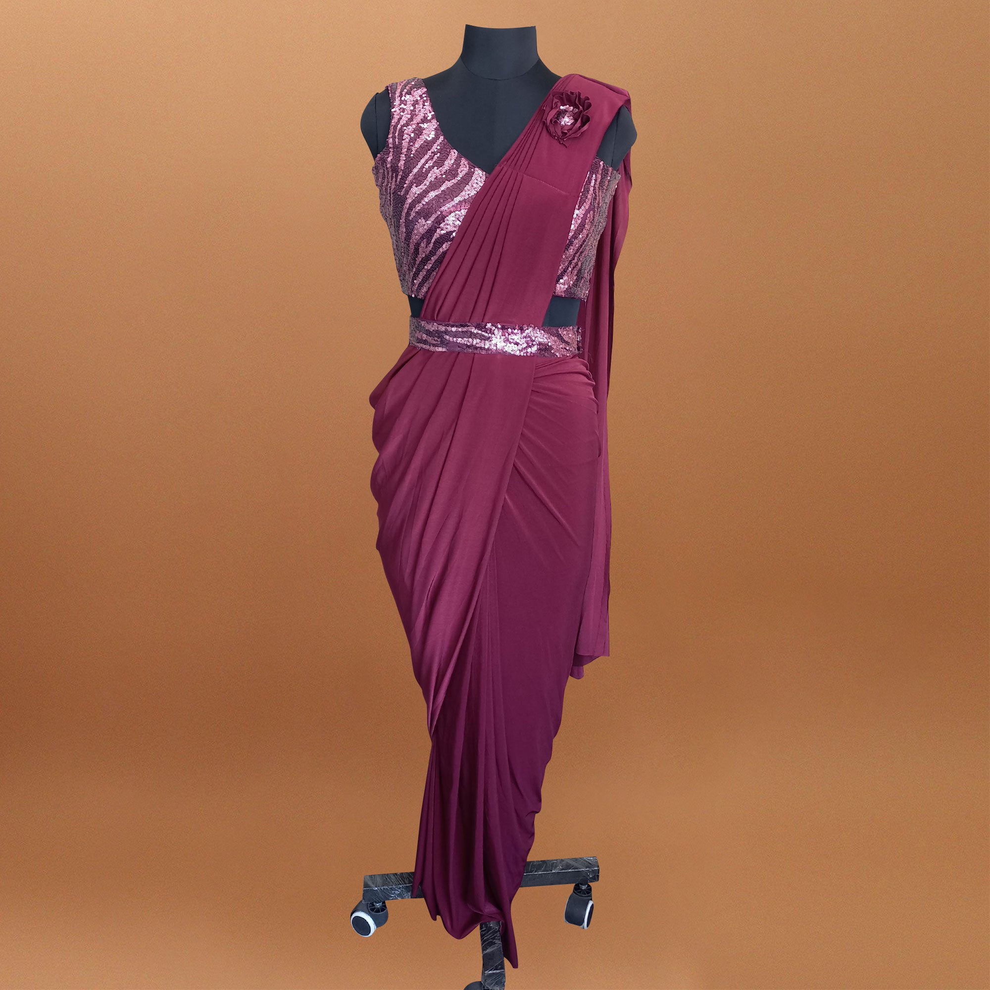 Wine Solid With Sequins Ready to Wear Lycra Saree