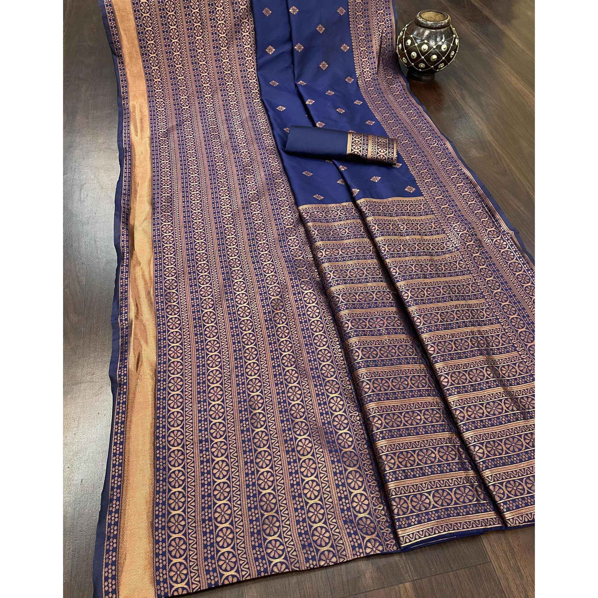 Navy Blue Woven Banarasi Silk Saree