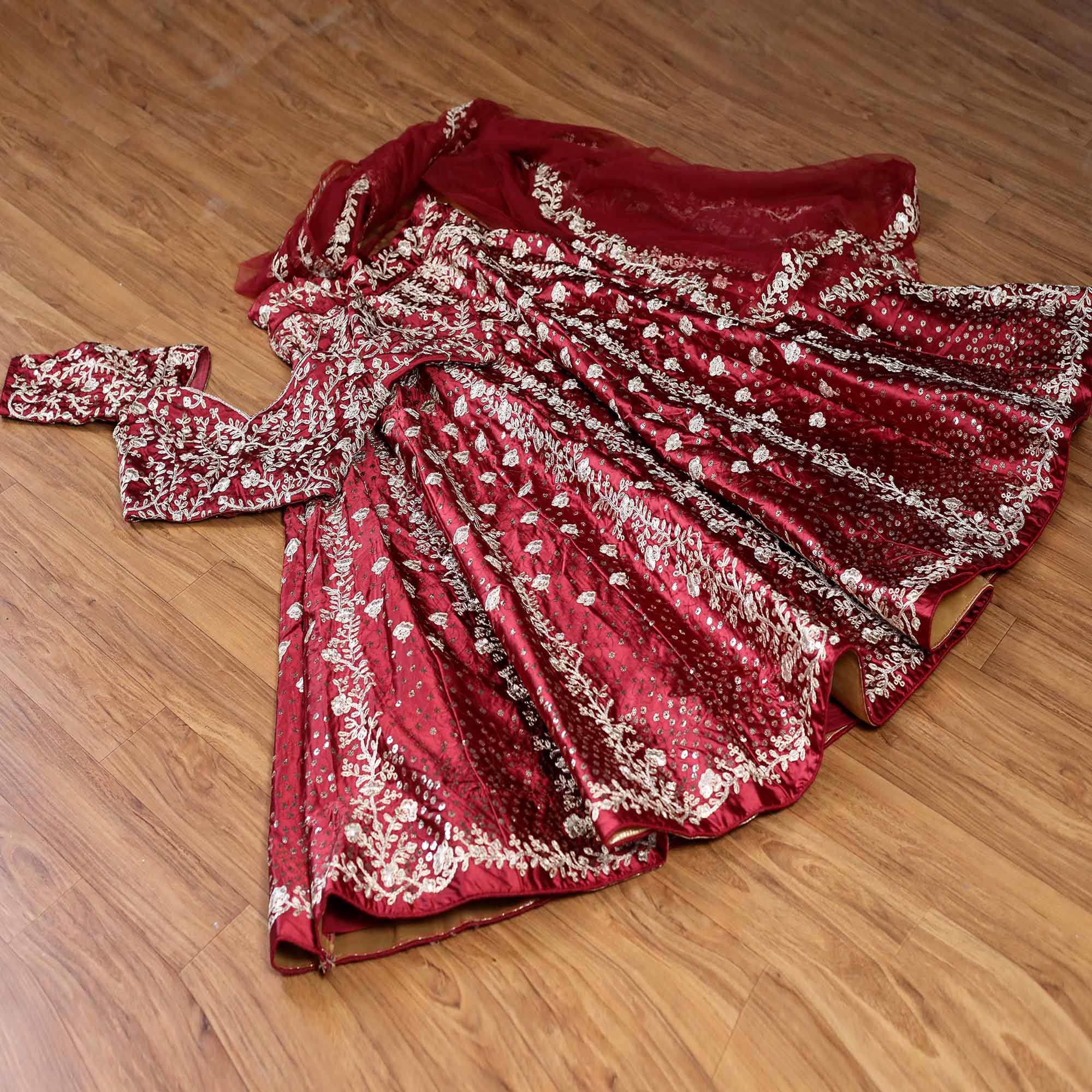 Maroon Embroidered Satin Lehenga Choli