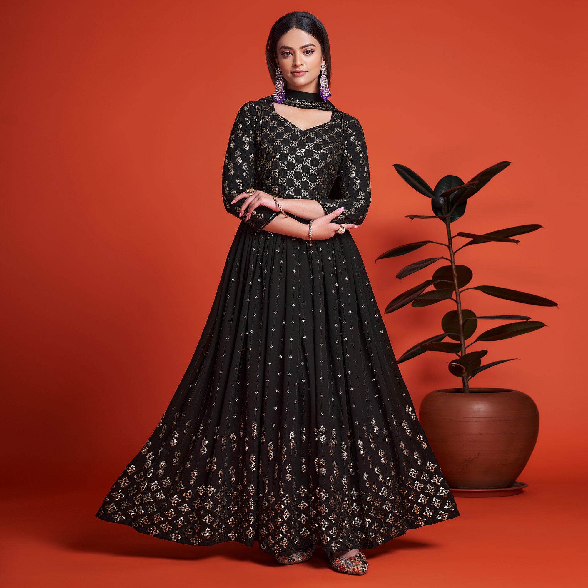 Black Sequins Embroidered Georgette Gown With Dupatta