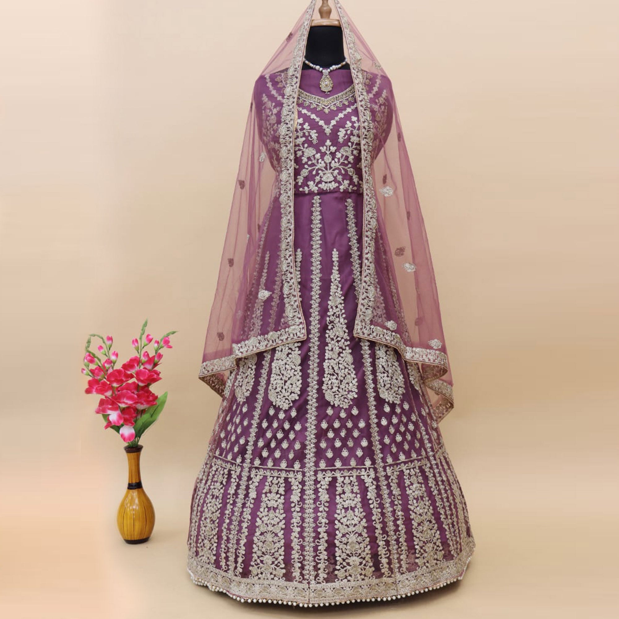 Mauve Floral Embroidered Net Gown