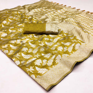 Mehendi Green Woven Cotton Silk Saree With Tassels