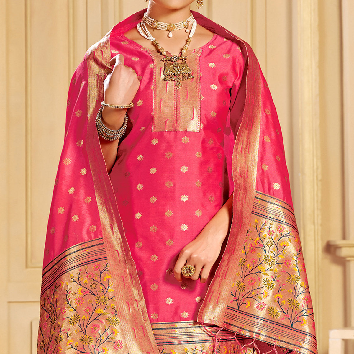 Pink Floral Woven Tapetta Silk Salwar Suit