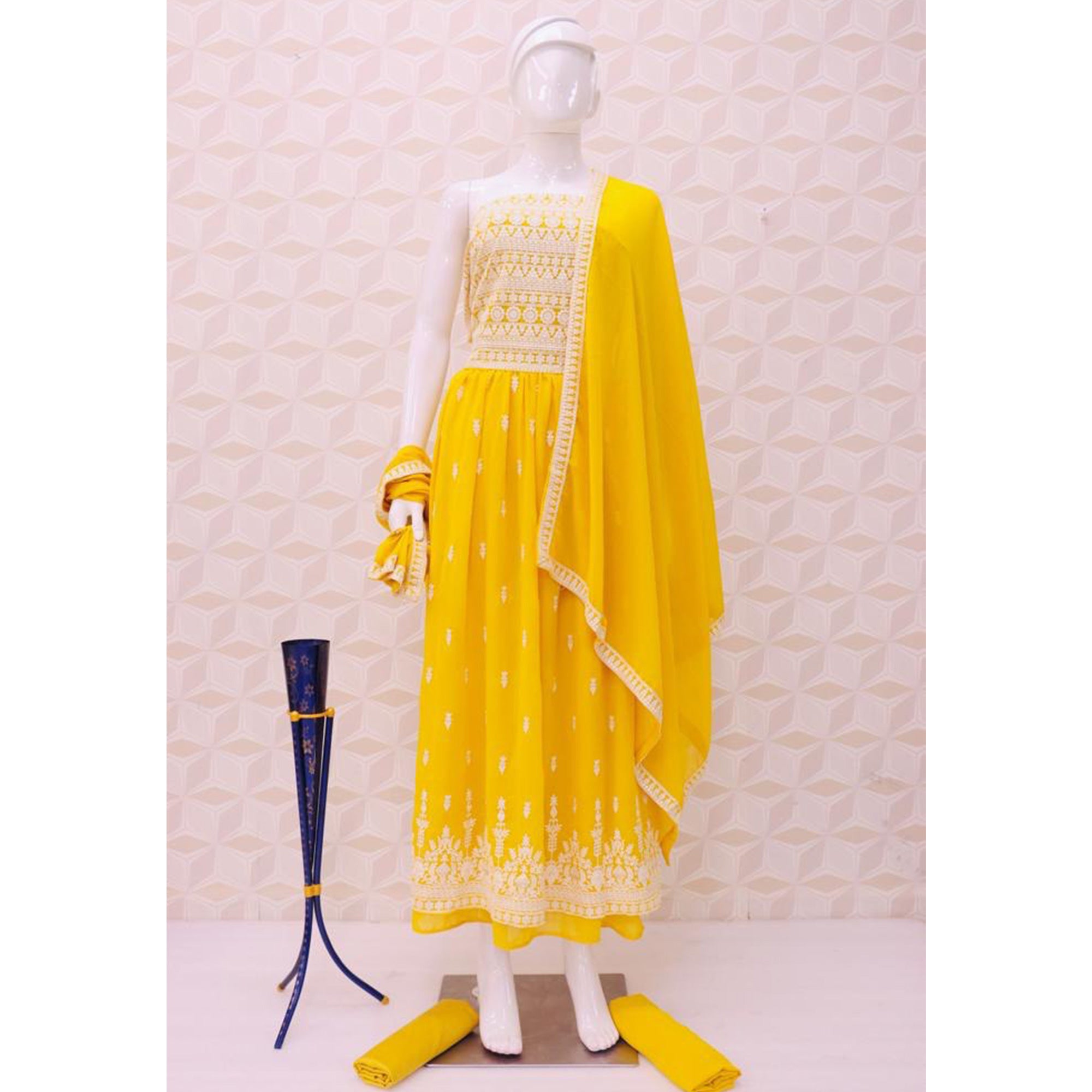 Yellow Sequins Embroidered Georgette Semi Stitched Naira Cut Palazzo Suit