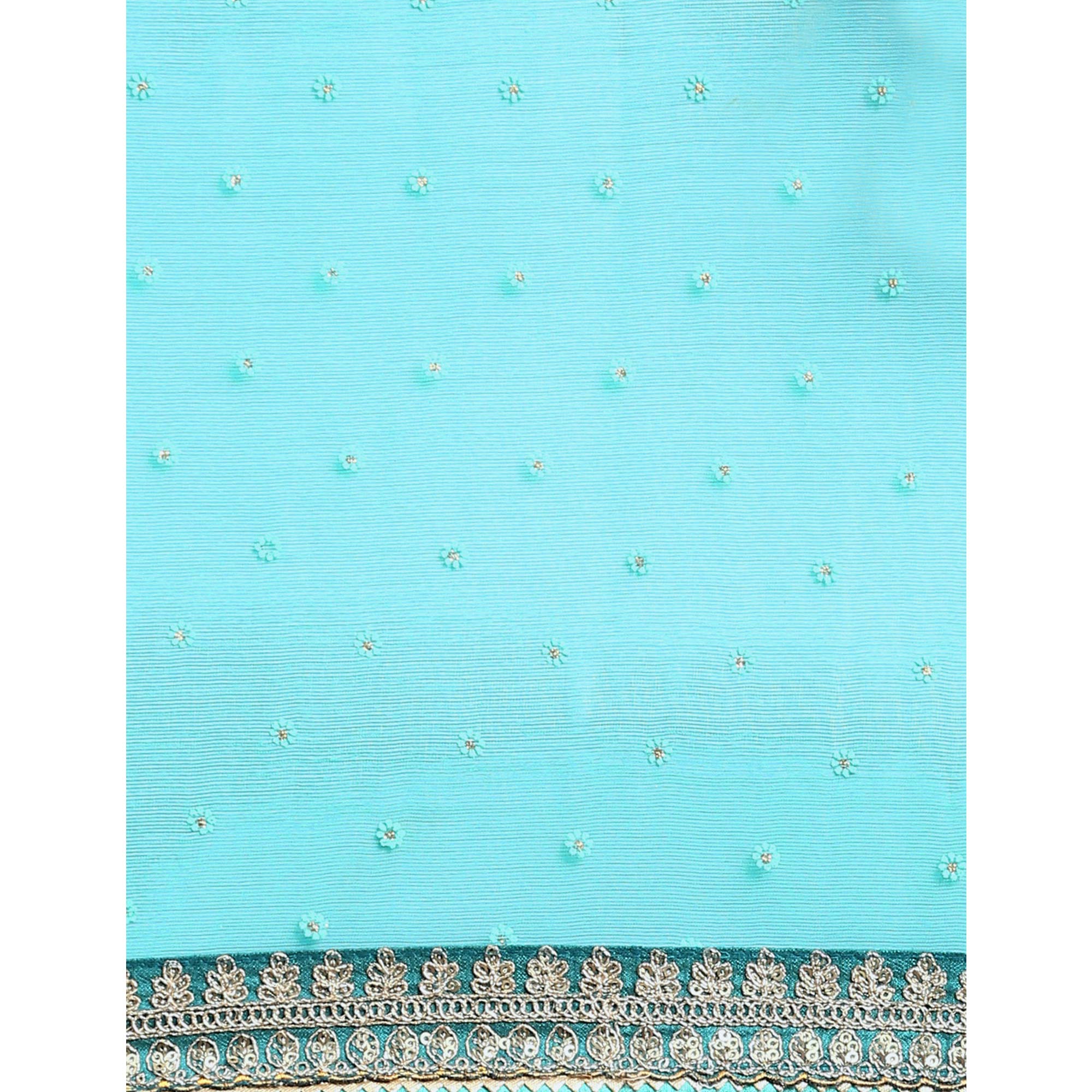 Turquoise Foil Printed With Embroidered Border Chiffon Saree