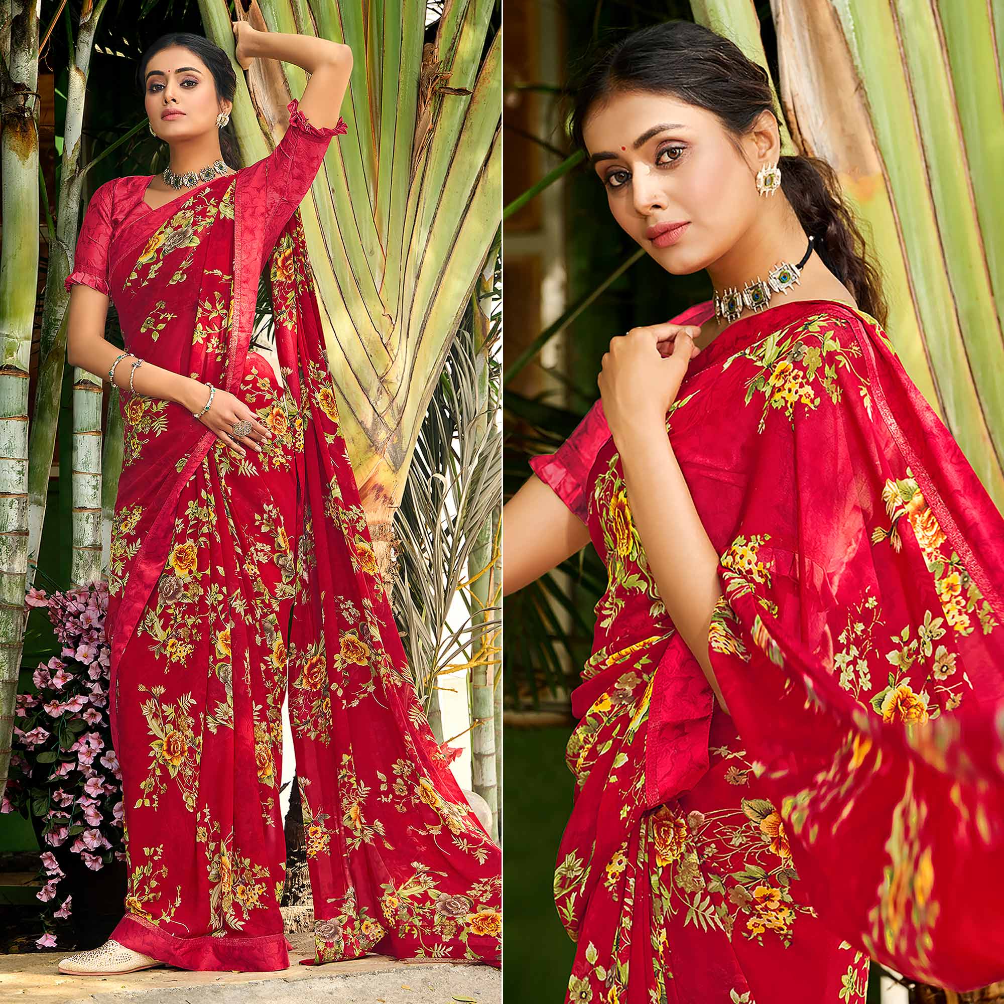 Red Floral Printed Georgette Saree